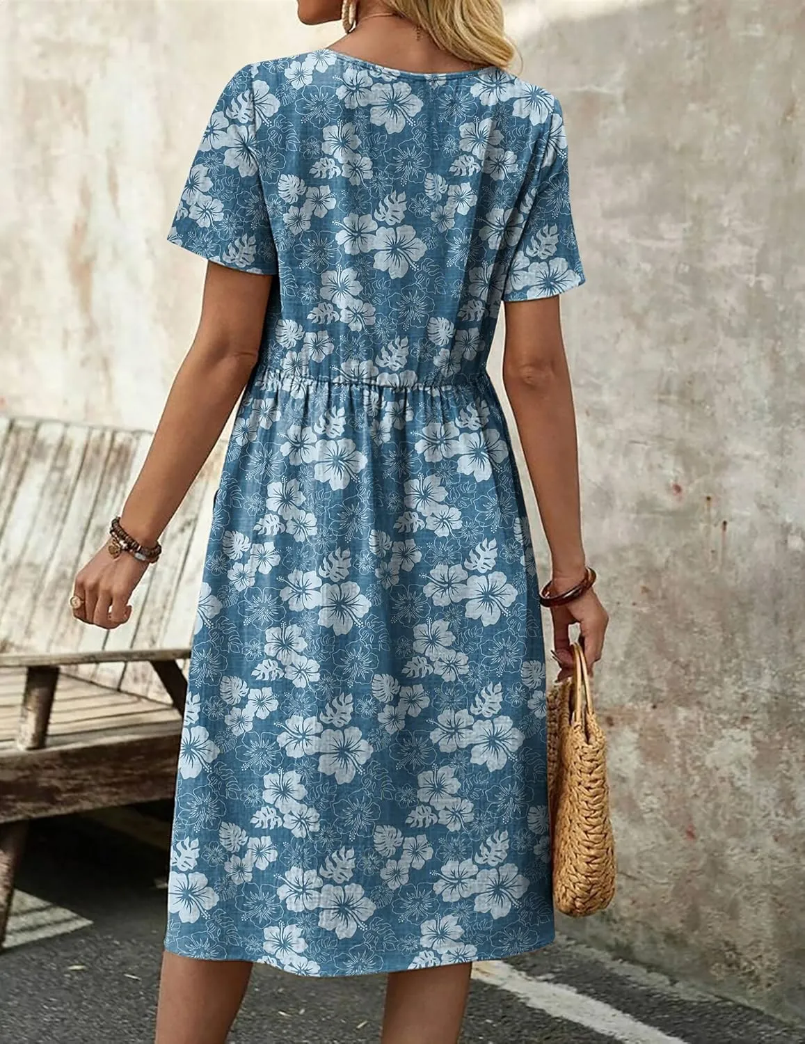 Zeagoo Womens Midi Dress Short Sleeve A-Line Cotton Linen Dress