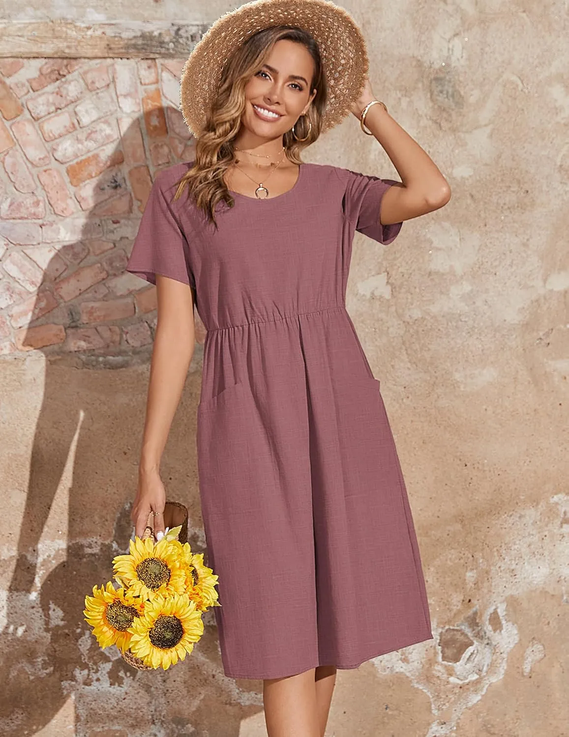 Zeagoo Womens Midi Dress Short Sleeve A-Line Cotton Linen Dress