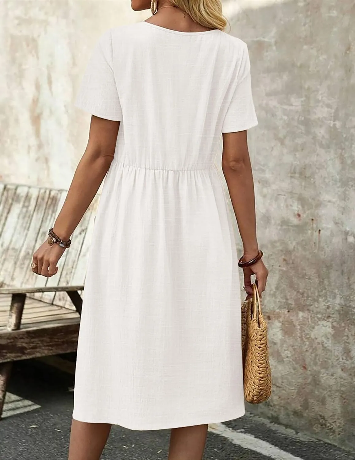 Zeagoo Womens Midi Dress Short Sleeve A-Line Cotton Linen Dress