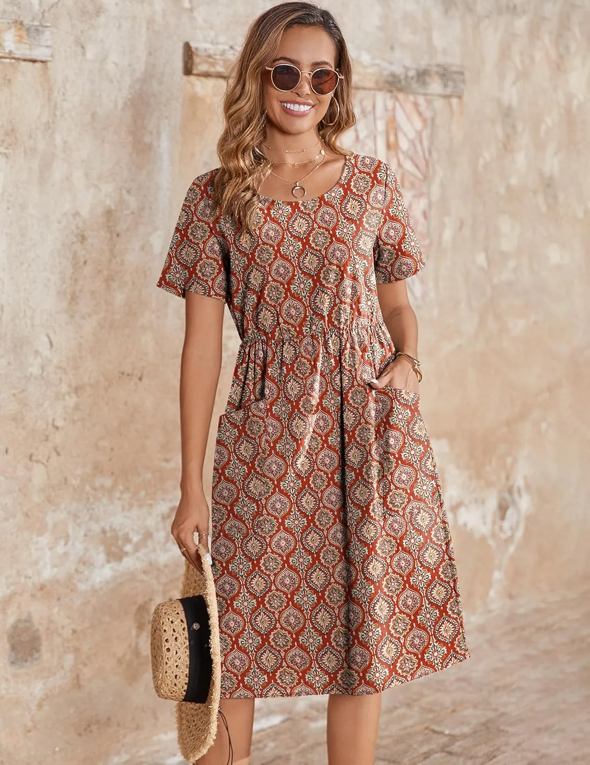 Zeagoo Womens Midi Dress Short Sleeve A-Line Cotton Linen Dress