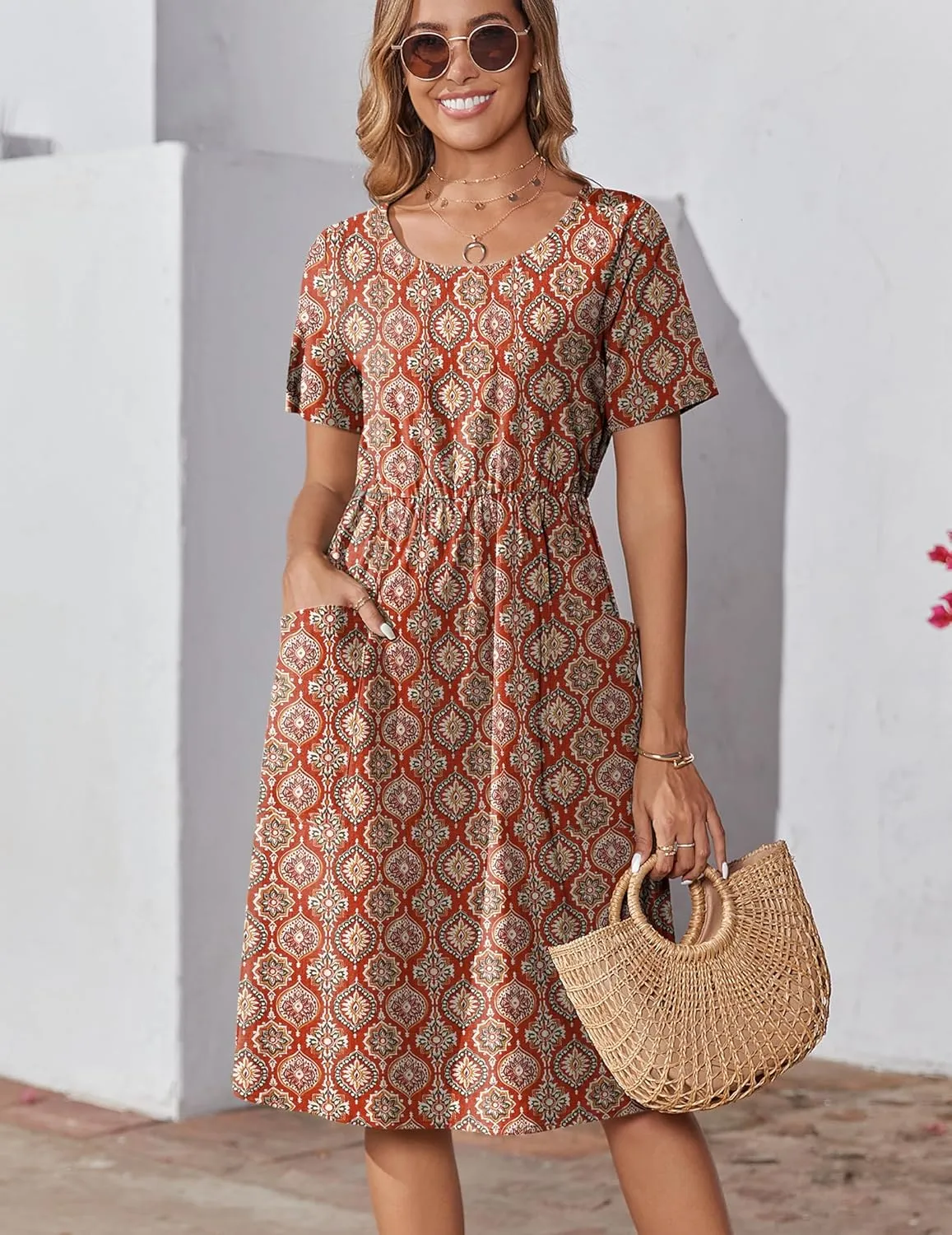 Zeagoo Womens Midi Dress Short Sleeve A-Line Cotton Linen Dress