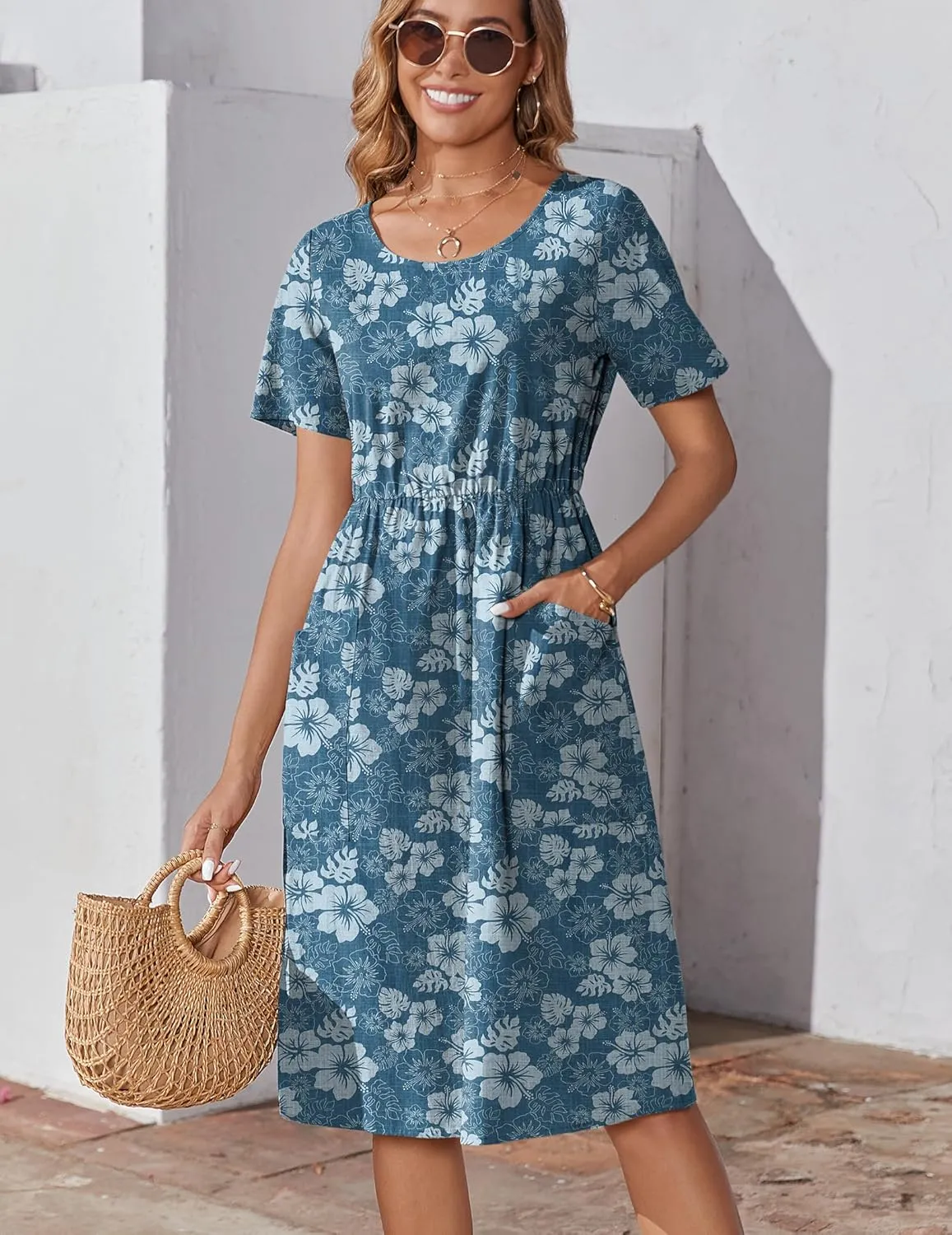 Zeagoo Womens Midi Dress Short Sleeve A-Line Cotton Linen Dress