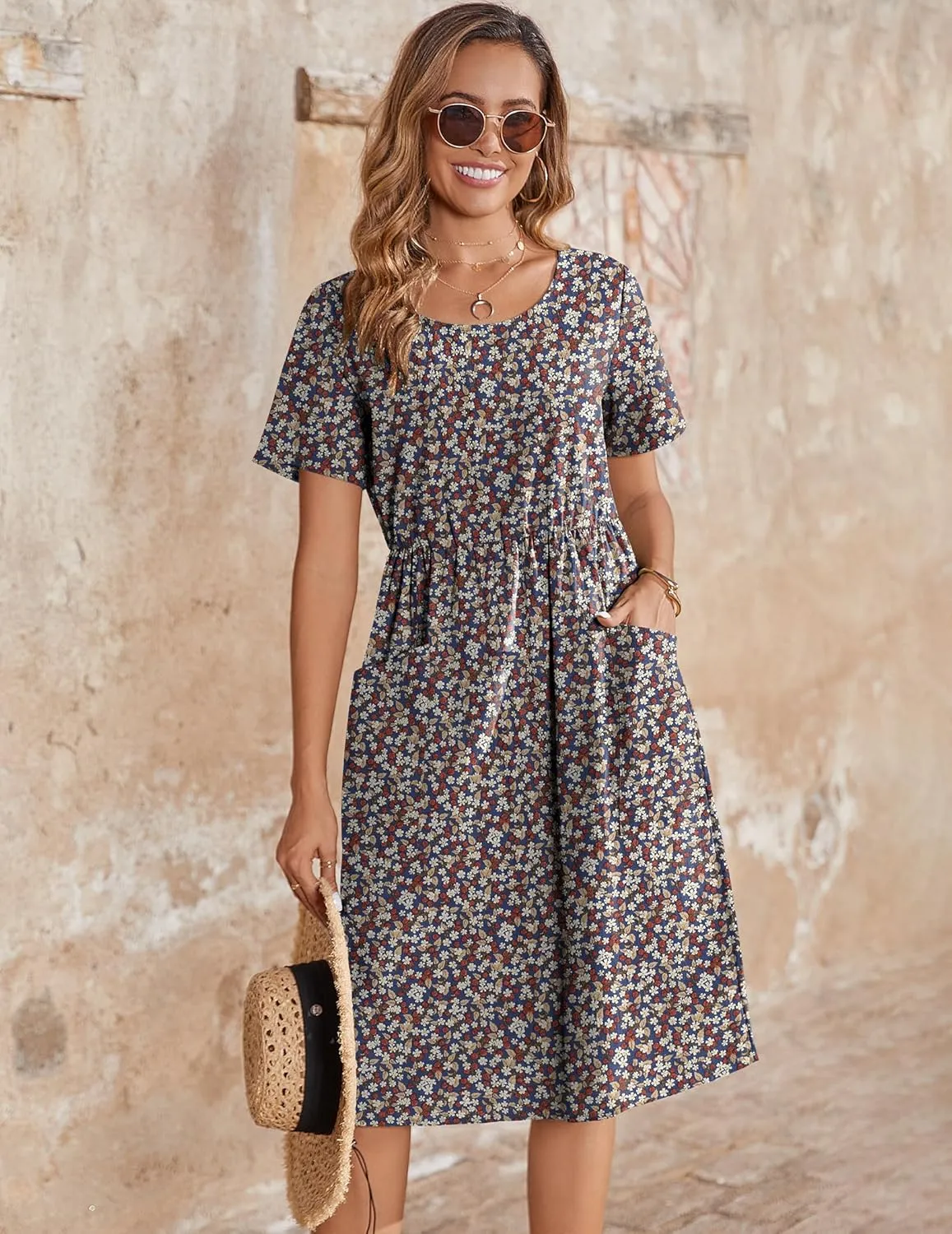 Zeagoo Womens Midi Dress Short Sleeve A-Line Cotton Linen Dress