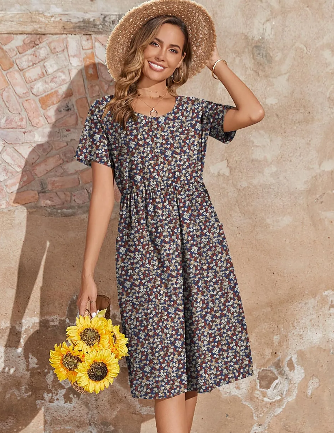 Zeagoo Womens Midi Dress Short Sleeve A-Line Cotton Linen Dress