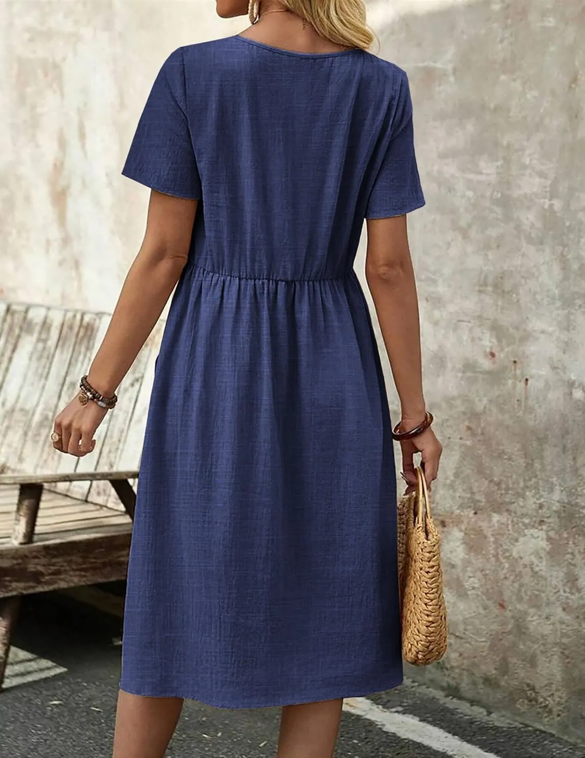 Zeagoo Womens Midi Dress Short Sleeve A-Line Cotton Linen Dress