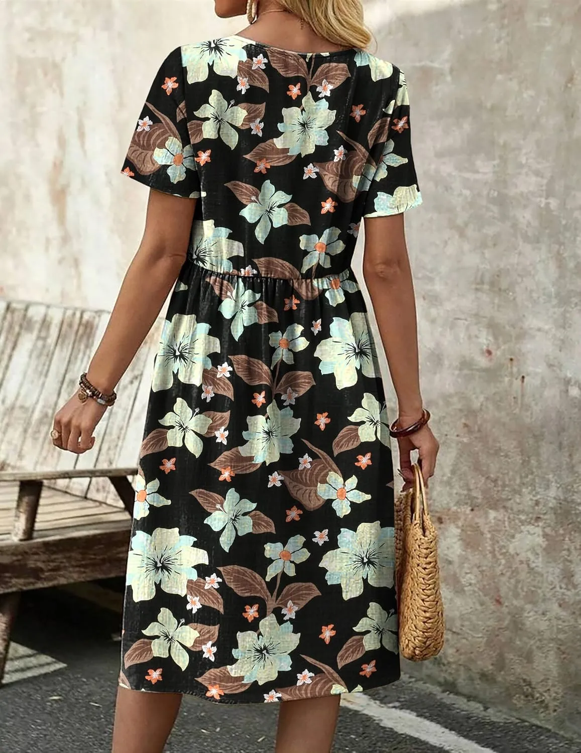 Zeagoo Womens Midi Dress Short Sleeve A-Line Cotton Linen Dress