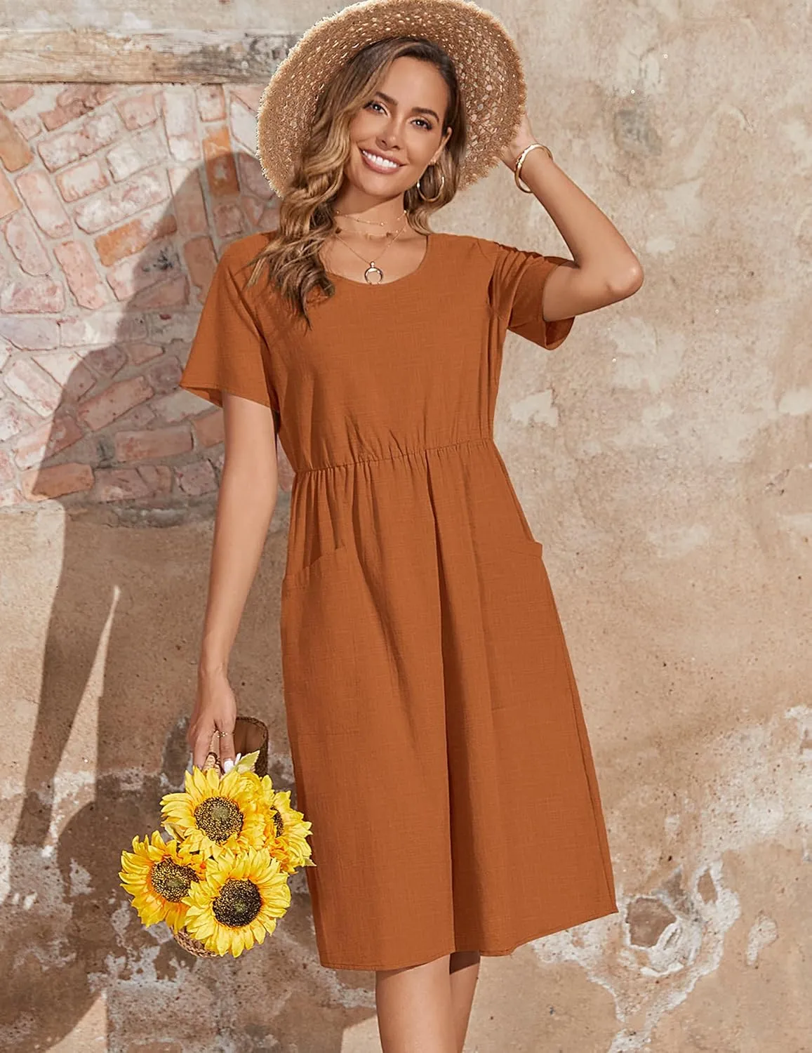 Zeagoo Womens Midi Dress Short Sleeve A-Line Cotton Linen Dress