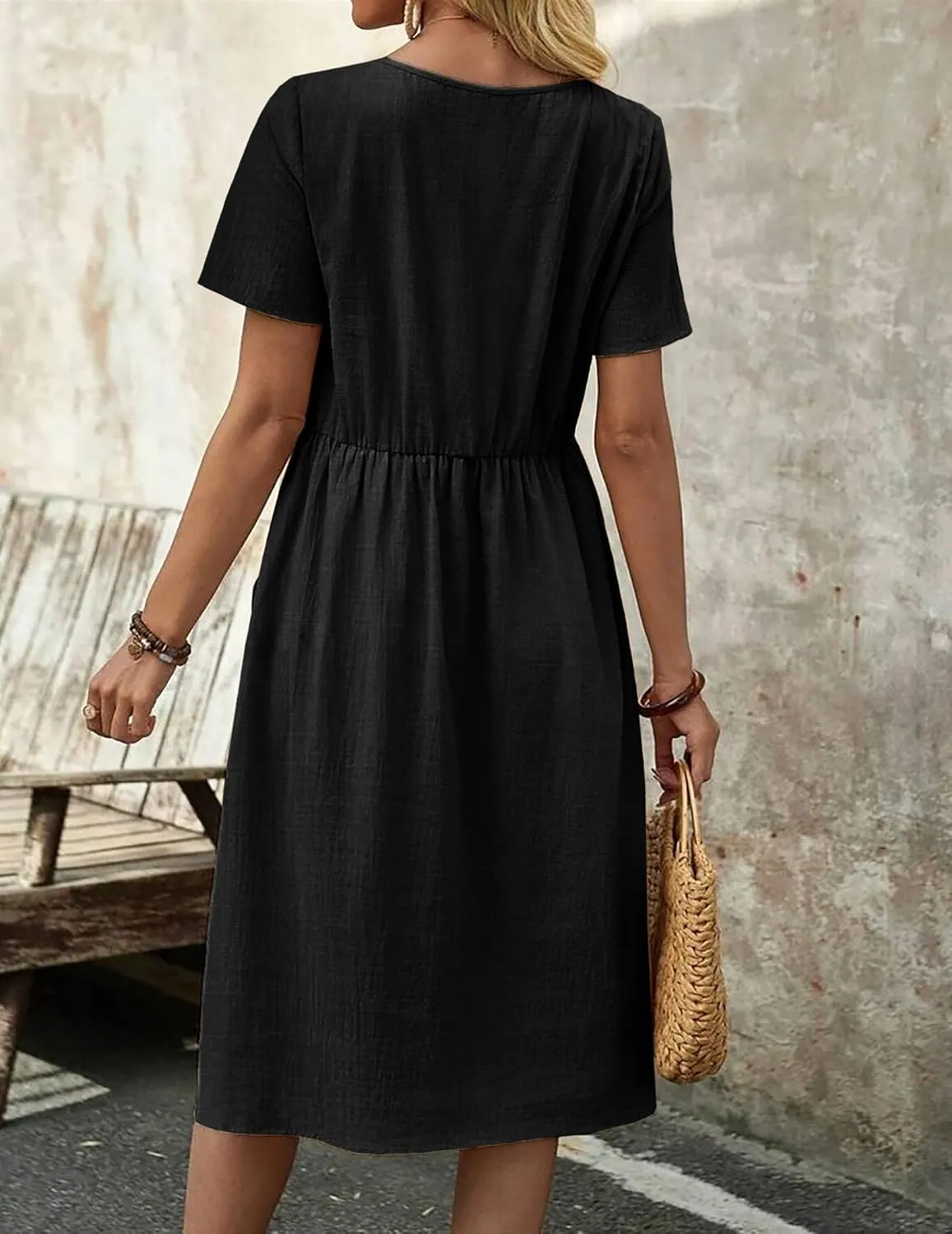 Zeagoo Womens Midi Dress Short Sleeve A-Line Cotton Linen Dress