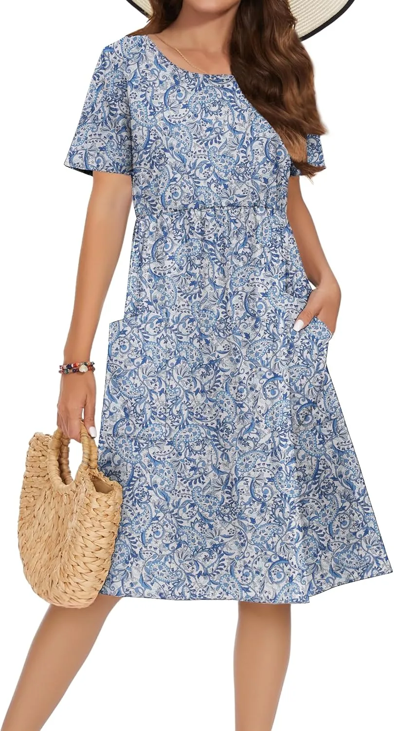 Zeagoo Womens Midi Dress Short Sleeve A-Line Cotton Linen Dress