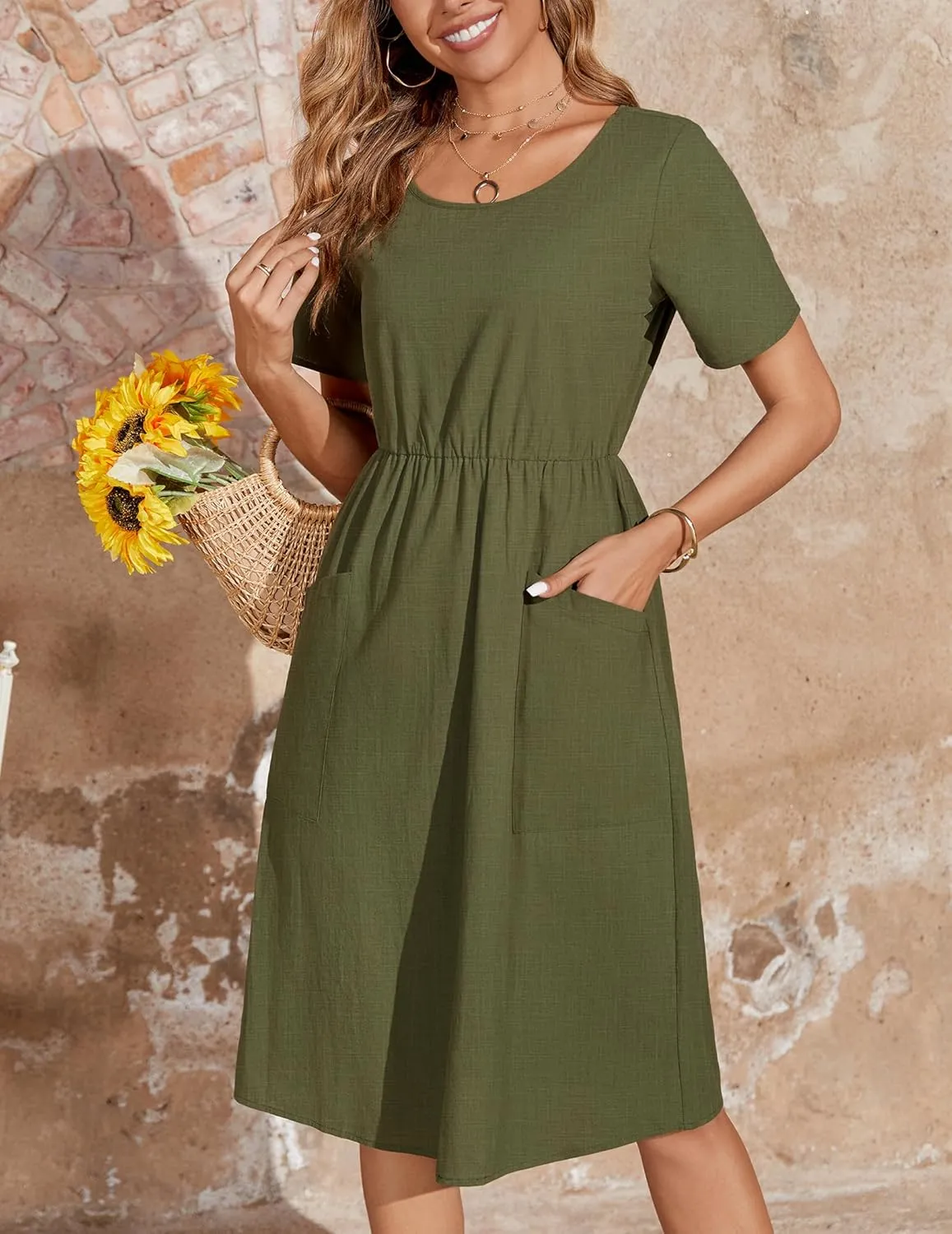 Zeagoo Womens Midi Dress Short Sleeve A-Line Cotton Linen Dress