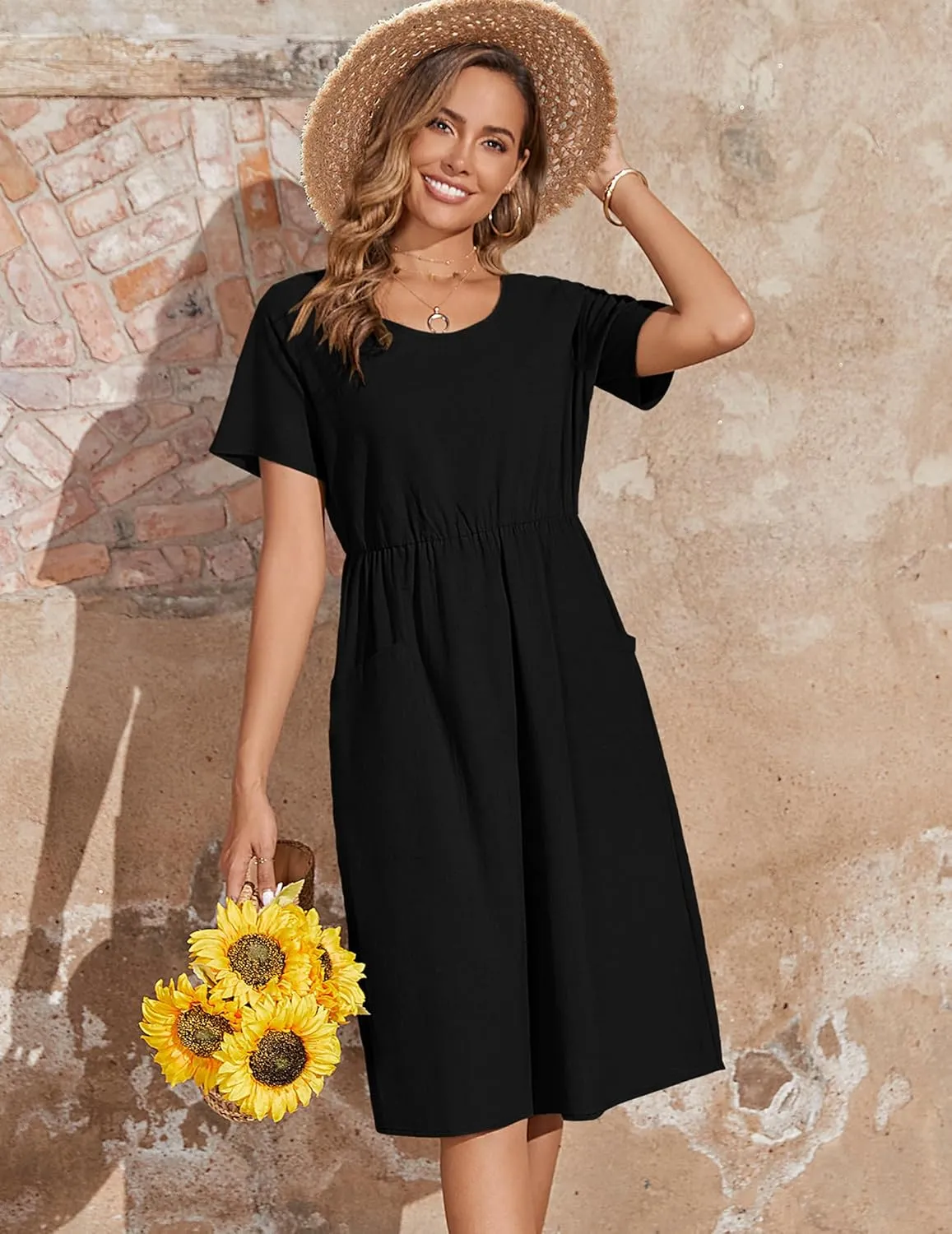 Zeagoo Womens Midi Dress Short Sleeve A-Line Cotton Linen Dress