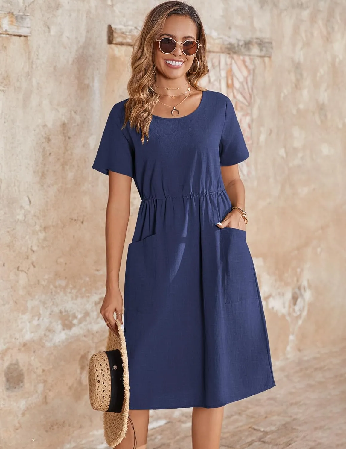 Zeagoo Womens Midi Dress Short Sleeve A-Line Cotton Linen Dress