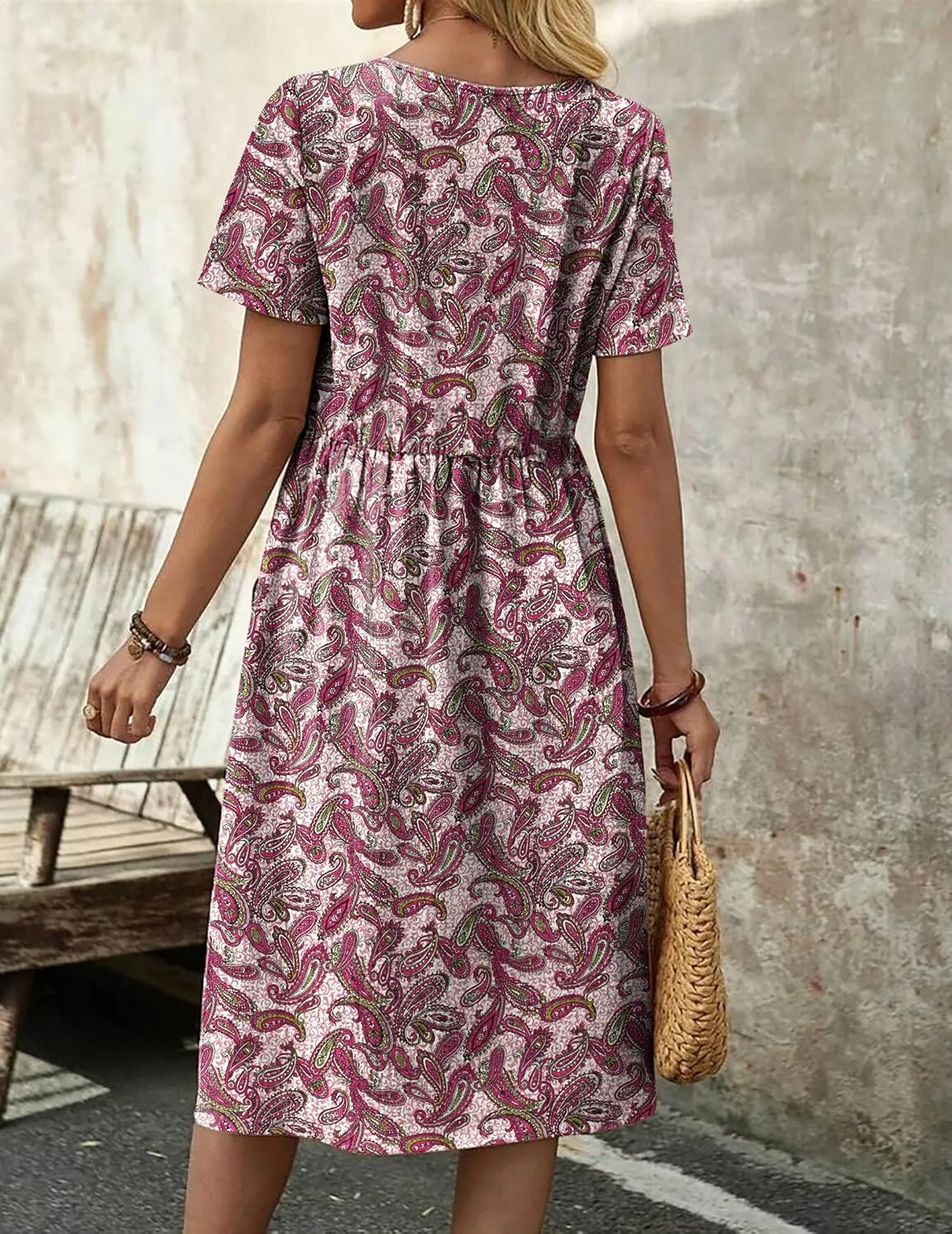 Zeagoo Womens Midi Dress Short Sleeve A-Line Cotton Linen Dress