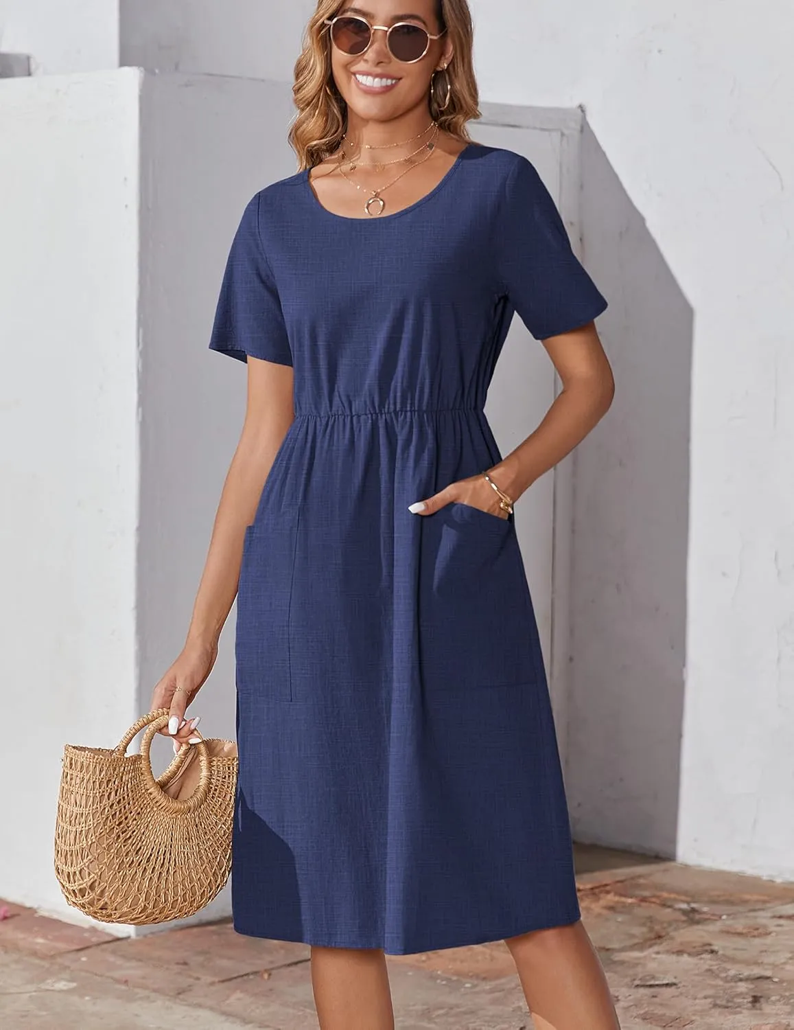 Zeagoo Womens Midi Dress Short Sleeve A-Line Cotton Linen Dress