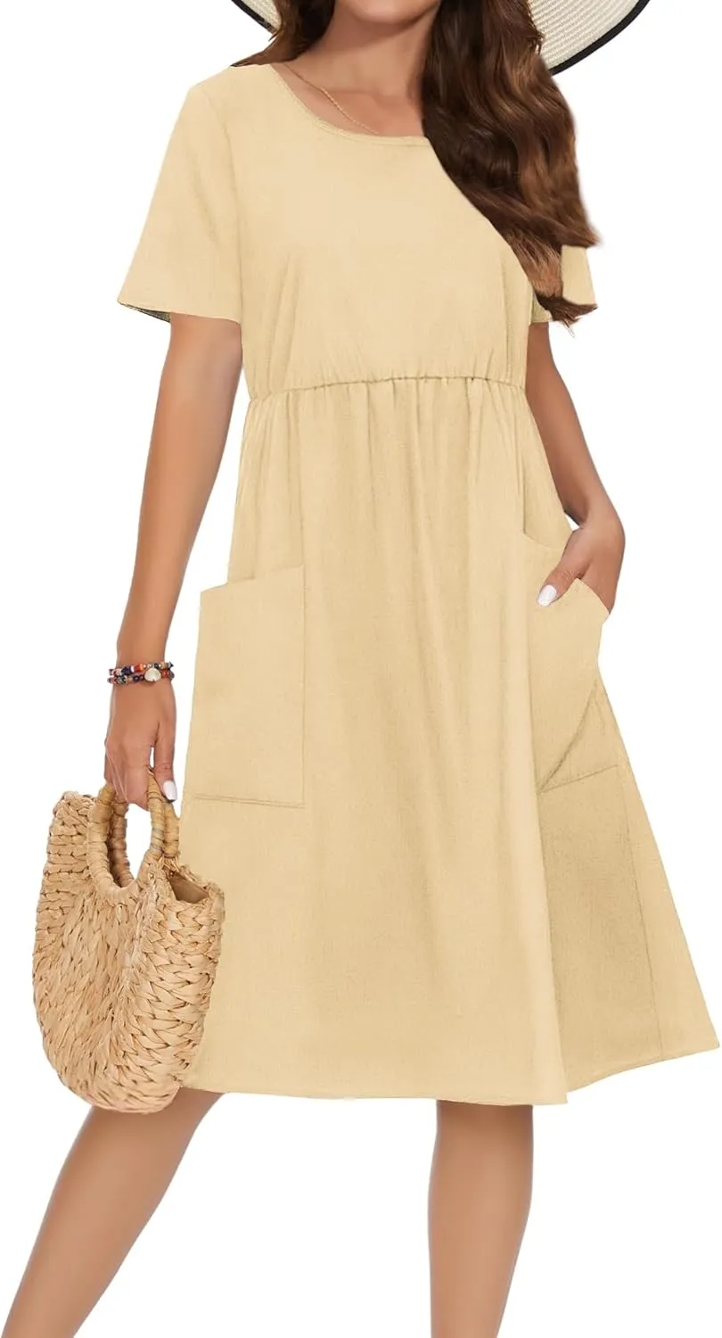 Zeagoo Womens Midi Dress Short Sleeve A-Line Cotton Linen Dress