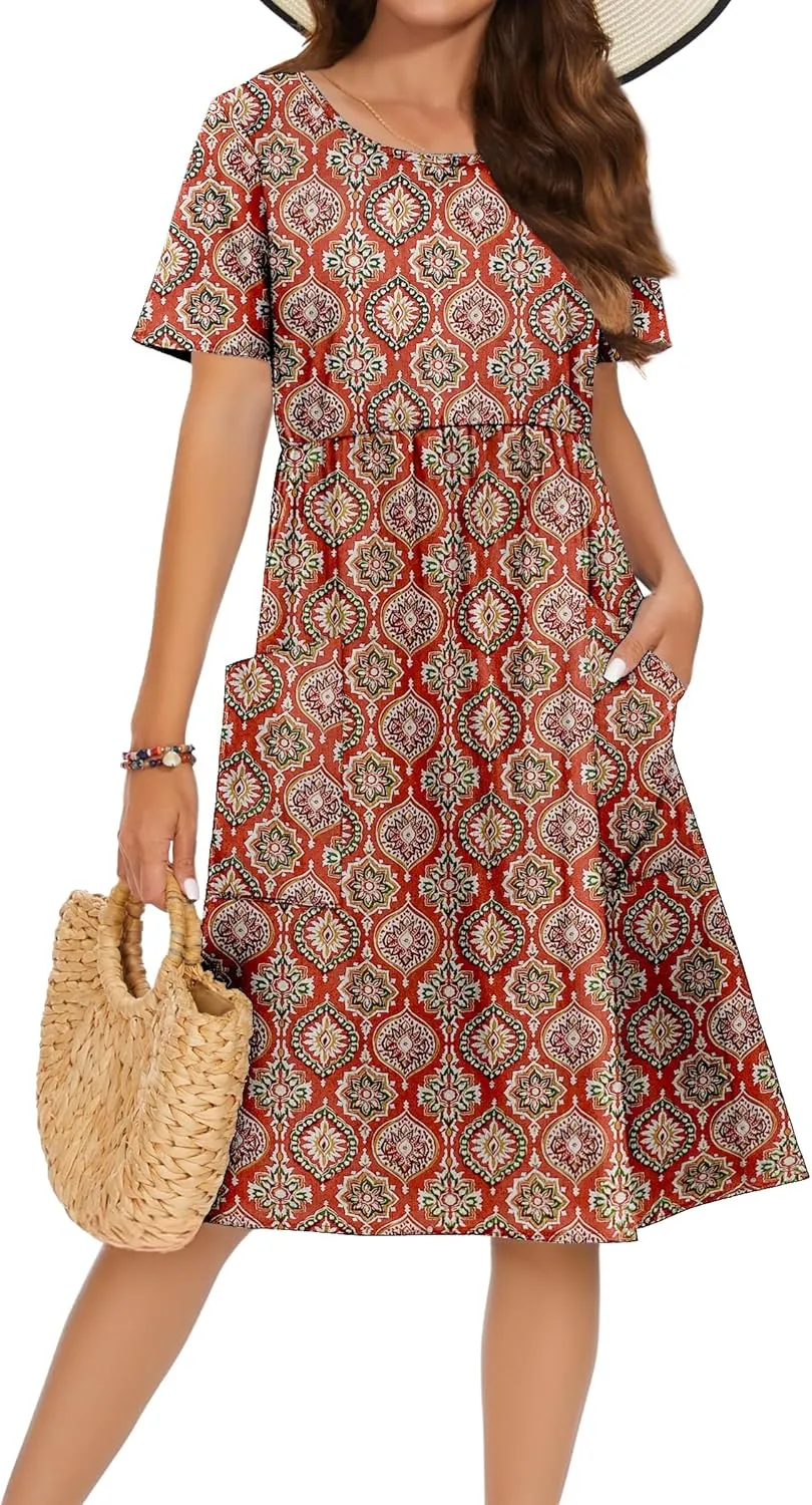Zeagoo Womens Midi Dress Short Sleeve A-Line Cotton Linen Dress