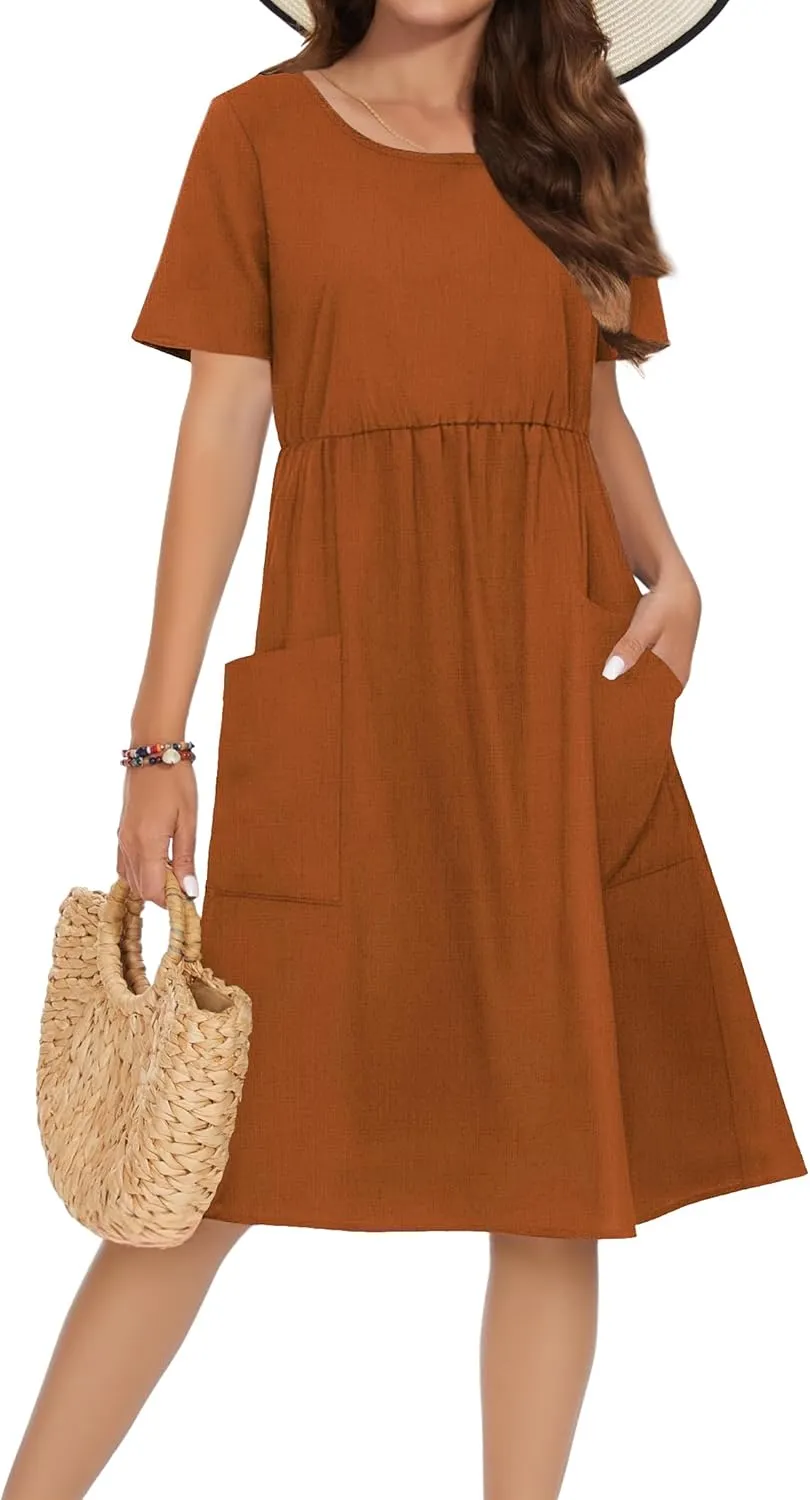 Zeagoo Womens Midi Dress Short Sleeve A-Line Cotton Linen Dress