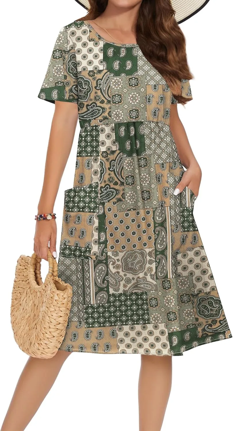 Zeagoo Womens Midi Dress Short Sleeve A-Line Cotton Linen Dress