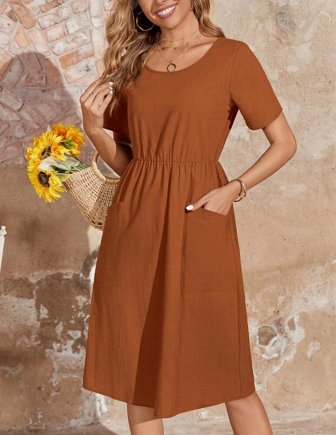 Zeagoo Womens Midi Dress Short Sleeve A-Line Cotton Linen Dress