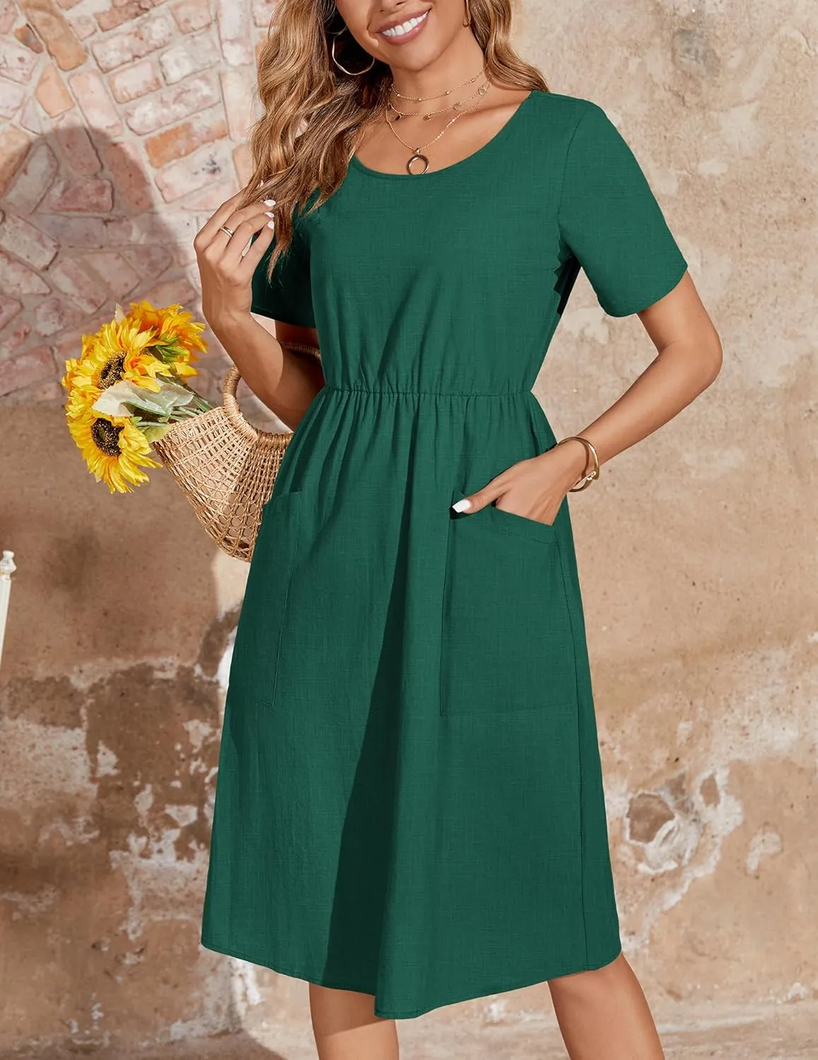 Zeagoo Womens Midi Dress Short Sleeve A-Line Cotton Linen Dress