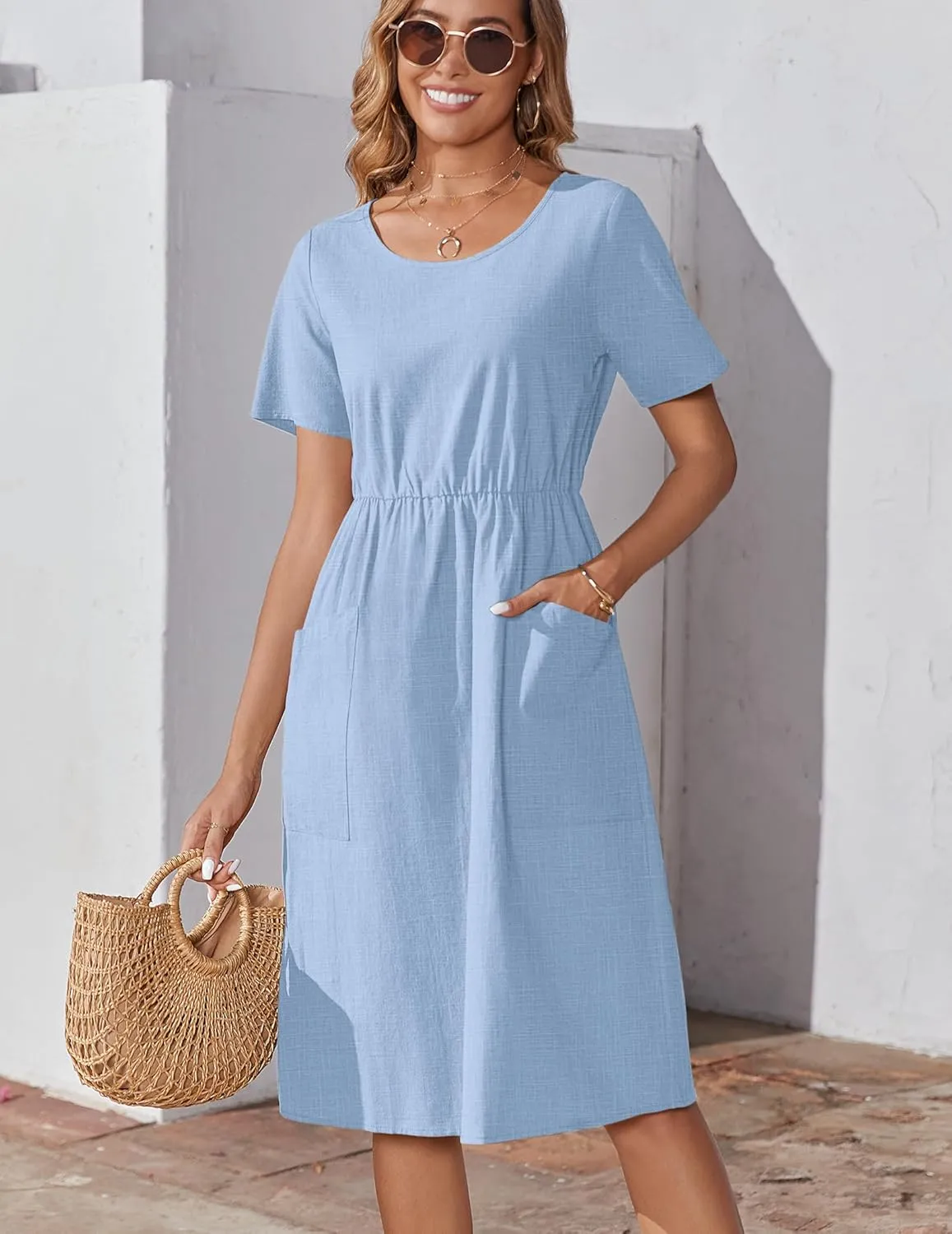 Zeagoo Womens Midi Dress Short Sleeve A-Line Cotton Linen Dress