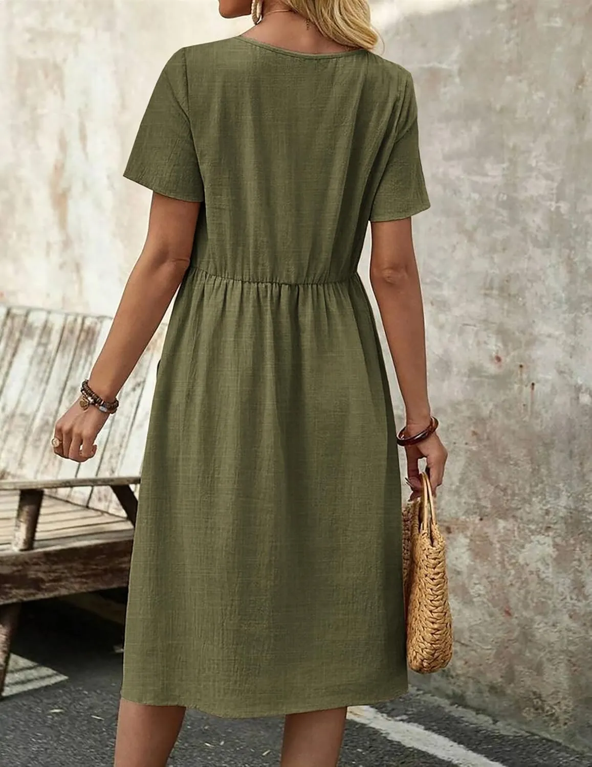 Zeagoo Womens Midi Dress Short Sleeve A-Line Cotton Linen Dress
