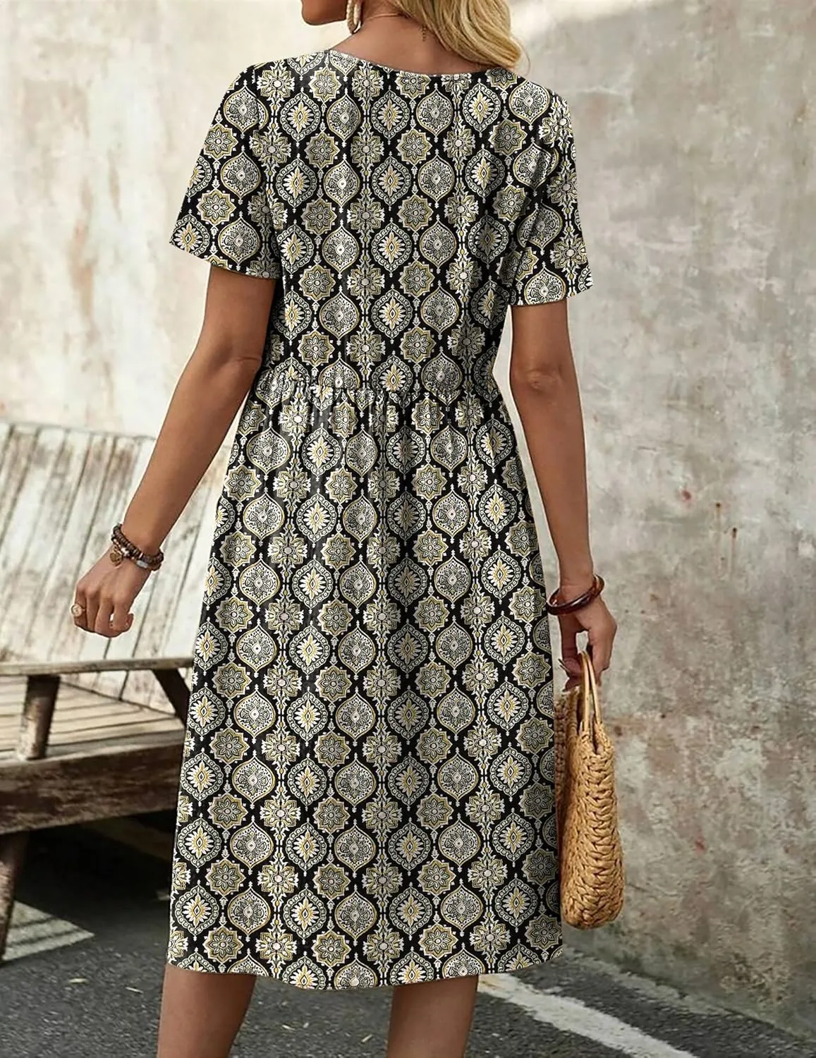 Zeagoo Womens Midi Dress Short Sleeve A-Line Cotton Linen Dress