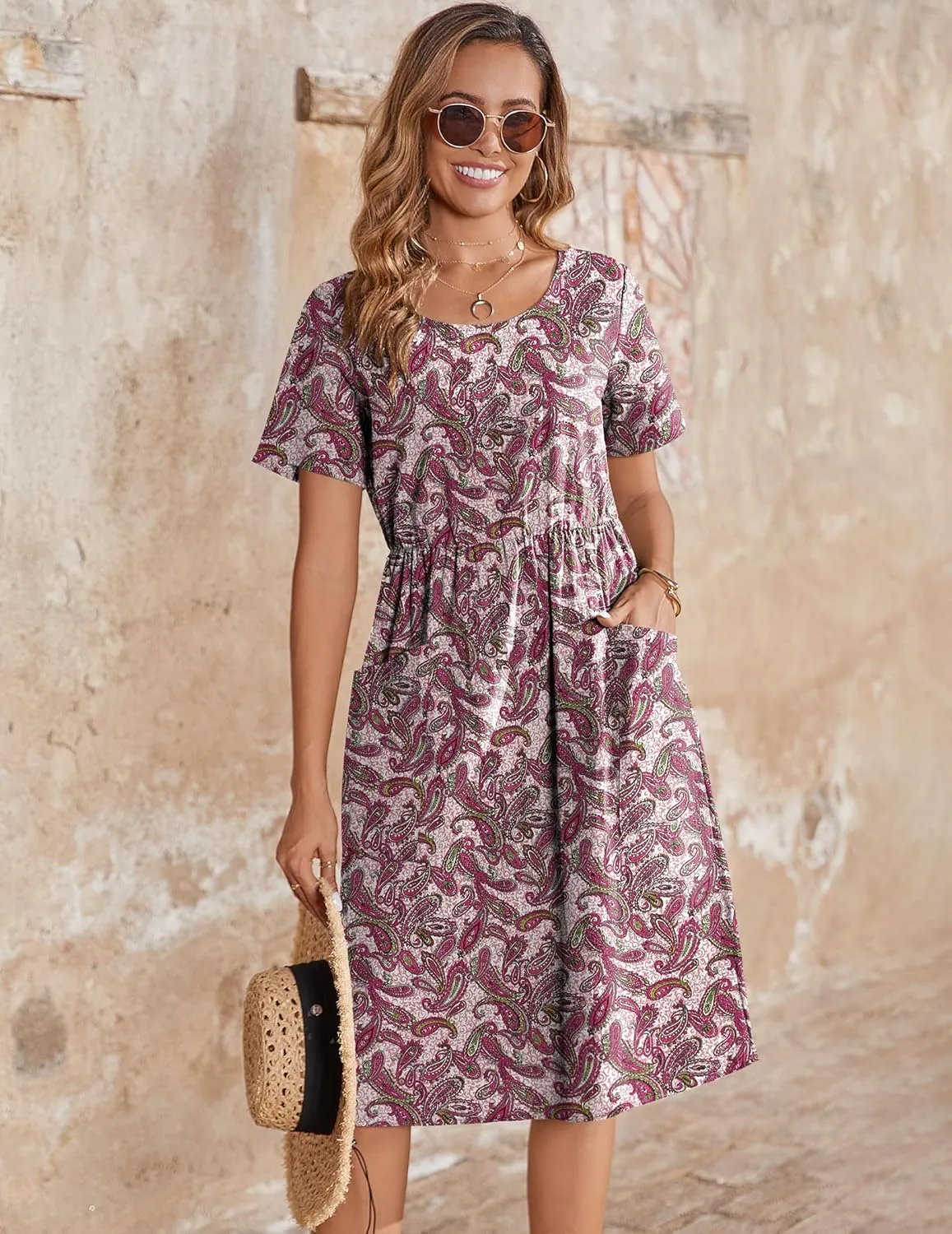 Zeagoo Womens Midi Dress Short Sleeve A-Line Cotton Linen Dress