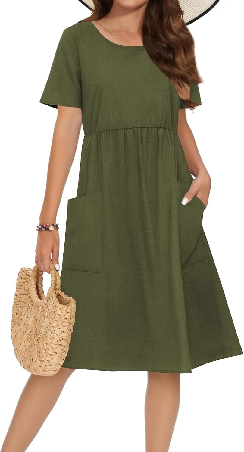 Zeagoo Womens Midi Dress Short Sleeve A-Line Cotton Linen Dress