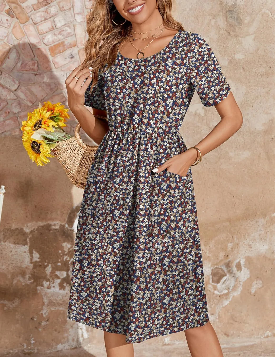 Zeagoo Womens Midi Dress Short Sleeve A-Line Cotton Linen Dress