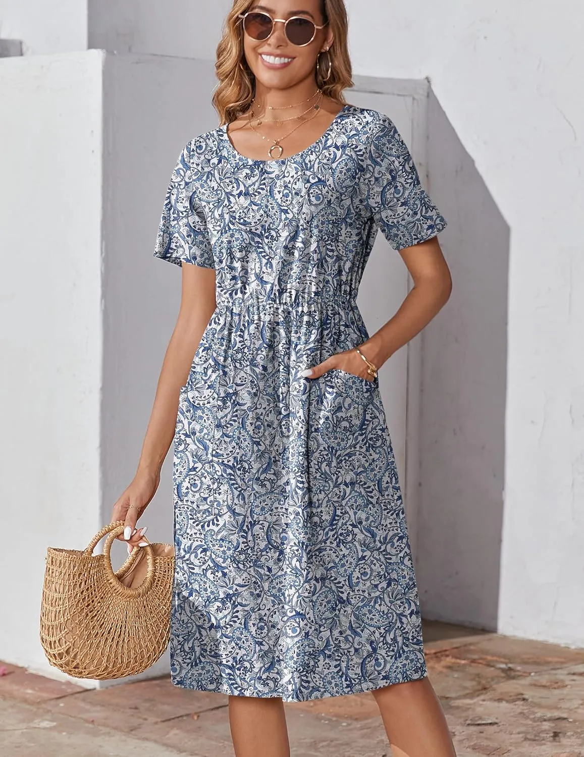 Zeagoo Womens Midi Dress Short Sleeve A-Line Cotton Linen Dress