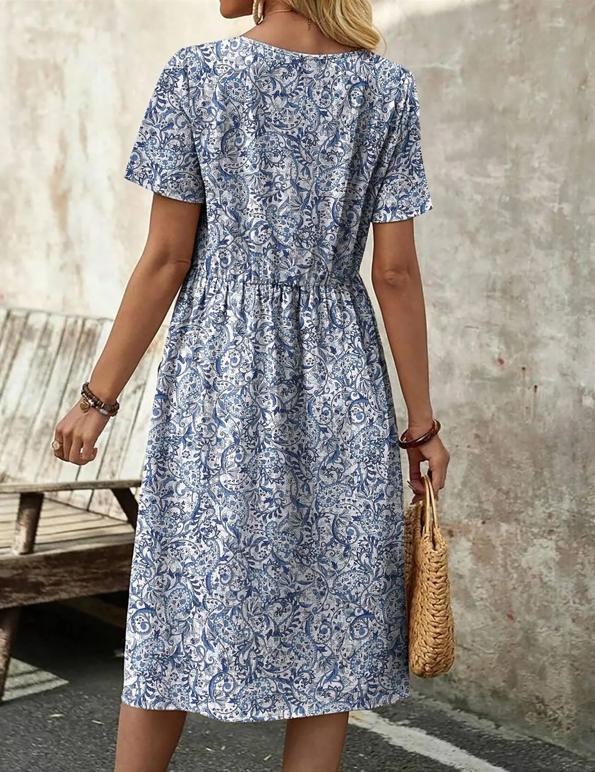 Zeagoo Womens Midi Dress Short Sleeve A-Line Cotton Linen Dress