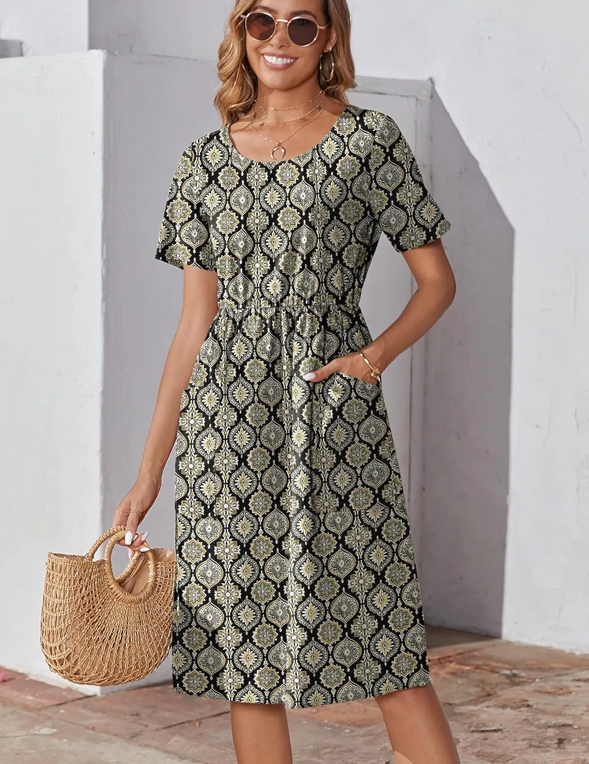 Zeagoo Womens Midi Dress Short Sleeve A-Line Cotton Linen Dress