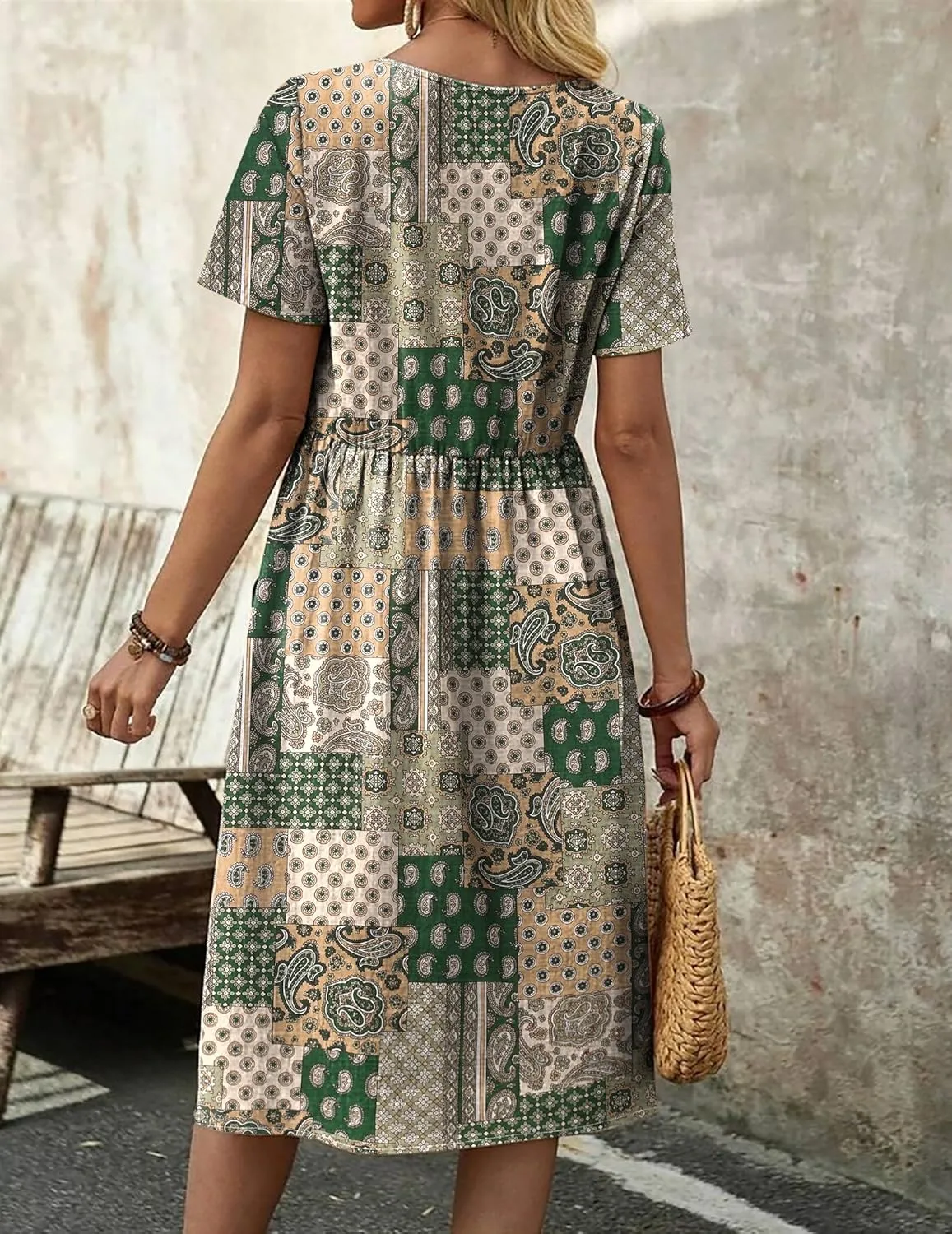Zeagoo Womens Midi Dress Short Sleeve A-Line Cotton Linen Dress