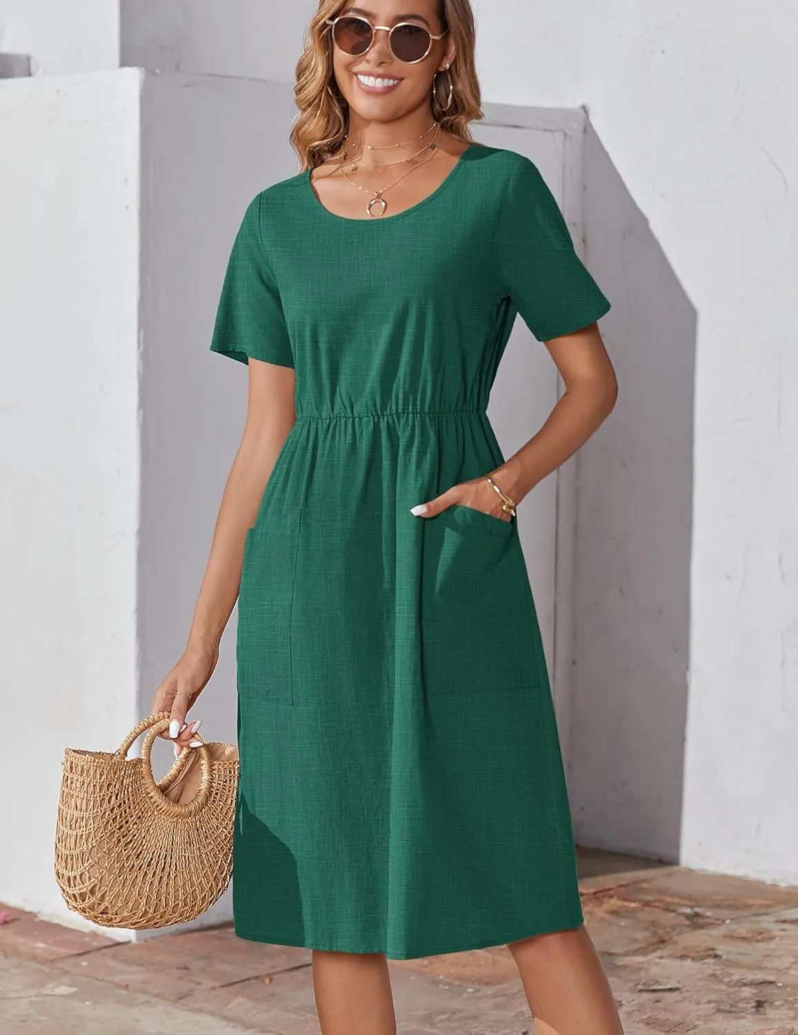 Zeagoo Womens Midi Dress Short Sleeve A-Line Cotton Linen Dress