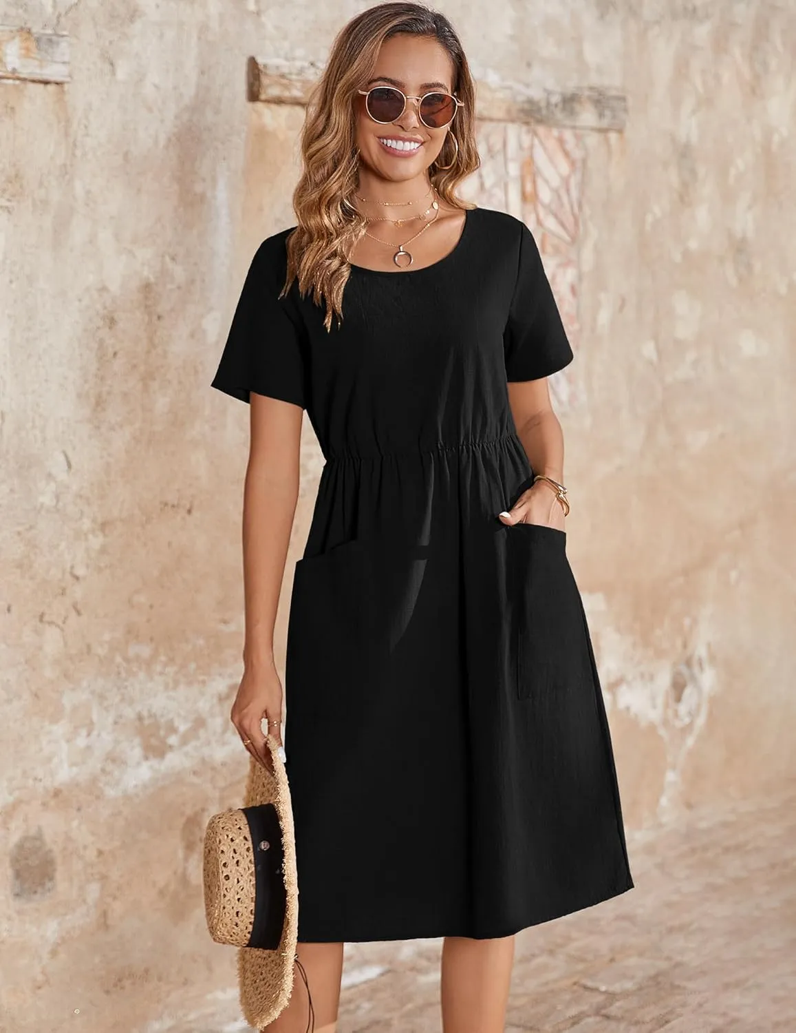 Zeagoo Womens Midi Dress Short Sleeve A-Line Cotton Linen Dress