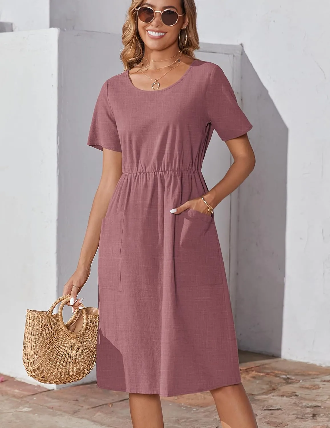 Zeagoo Womens Midi Dress Short Sleeve A-Line Cotton Linen Dress