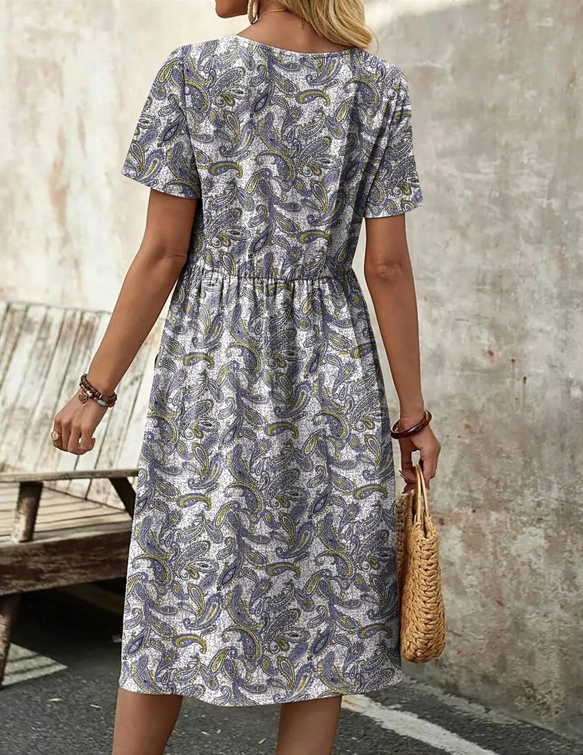 Zeagoo Womens Midi Dress Short Sleeve A-Line Cotton Linen Dress