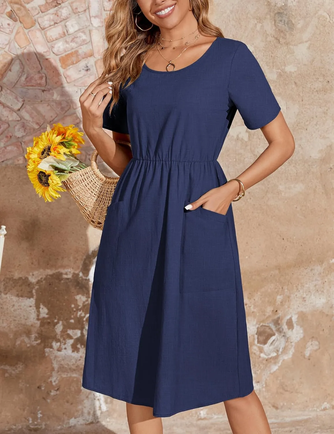 Zeagoo Womens Midi Dress Short Sleeve A-Line Cotton Linen Dress