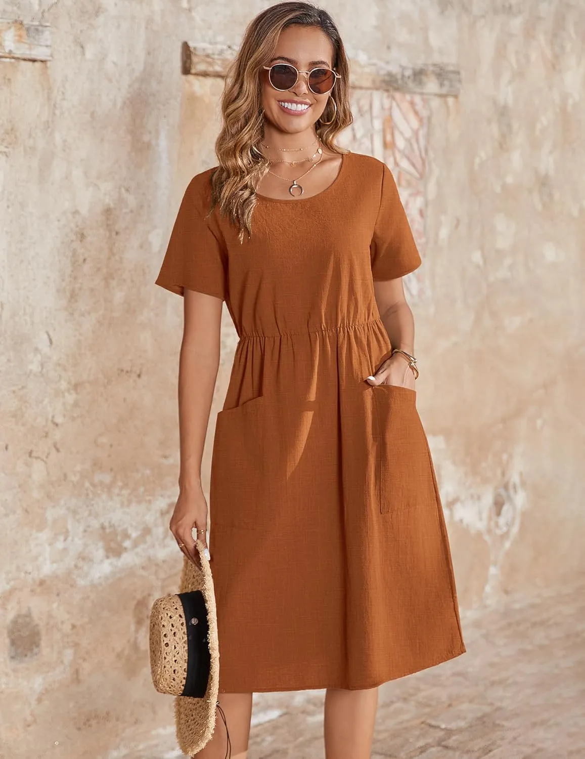Zeagoo Womens Midi Dress Short Sleeve A-Line Cotton Linen Dress