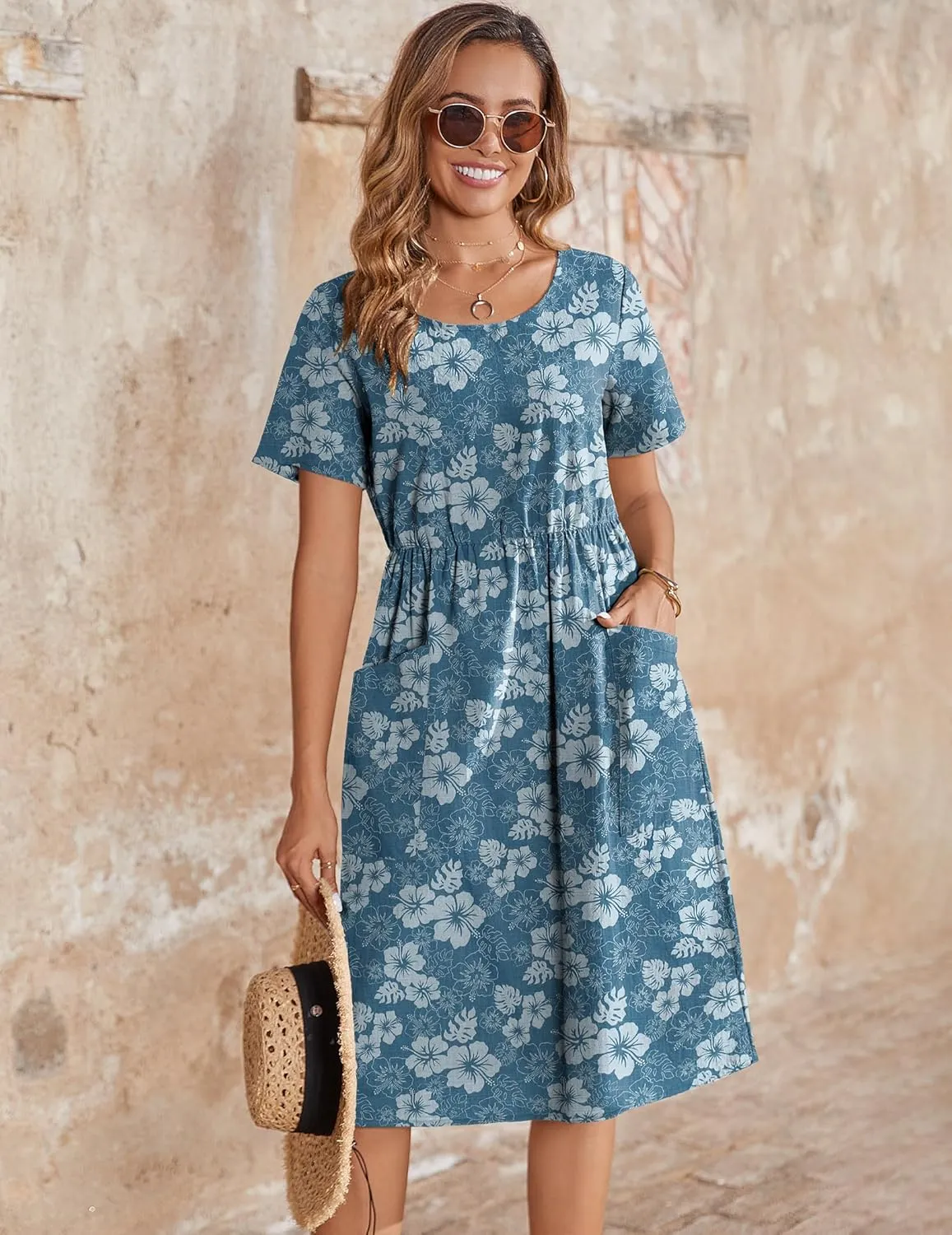 Zeagoo Womens Midi Dress Short Sleeve A-Line Cotton Linen Dress