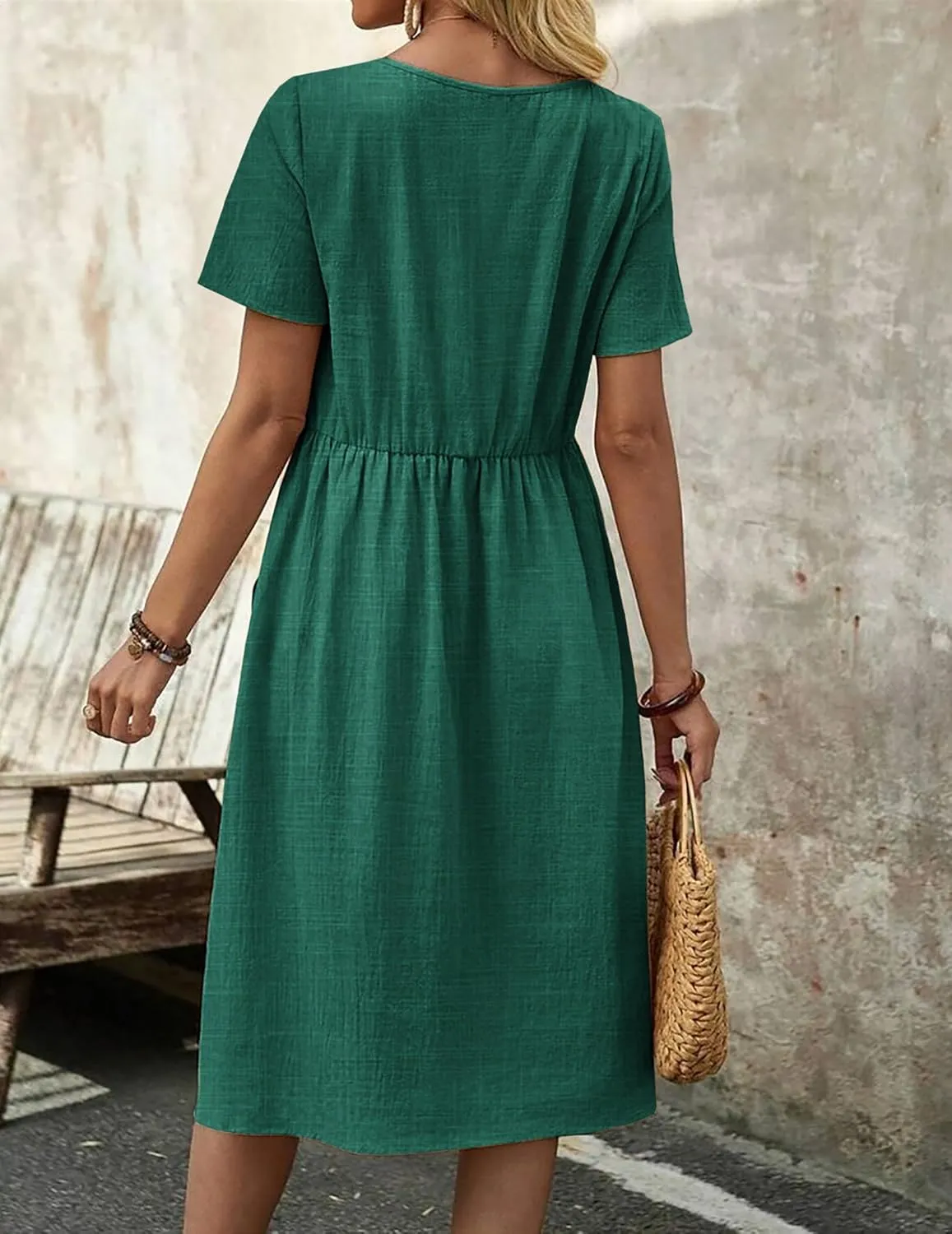 Zeagoo Womens Midi Dress Short Sleeve A-Line Cotton Linen Dress