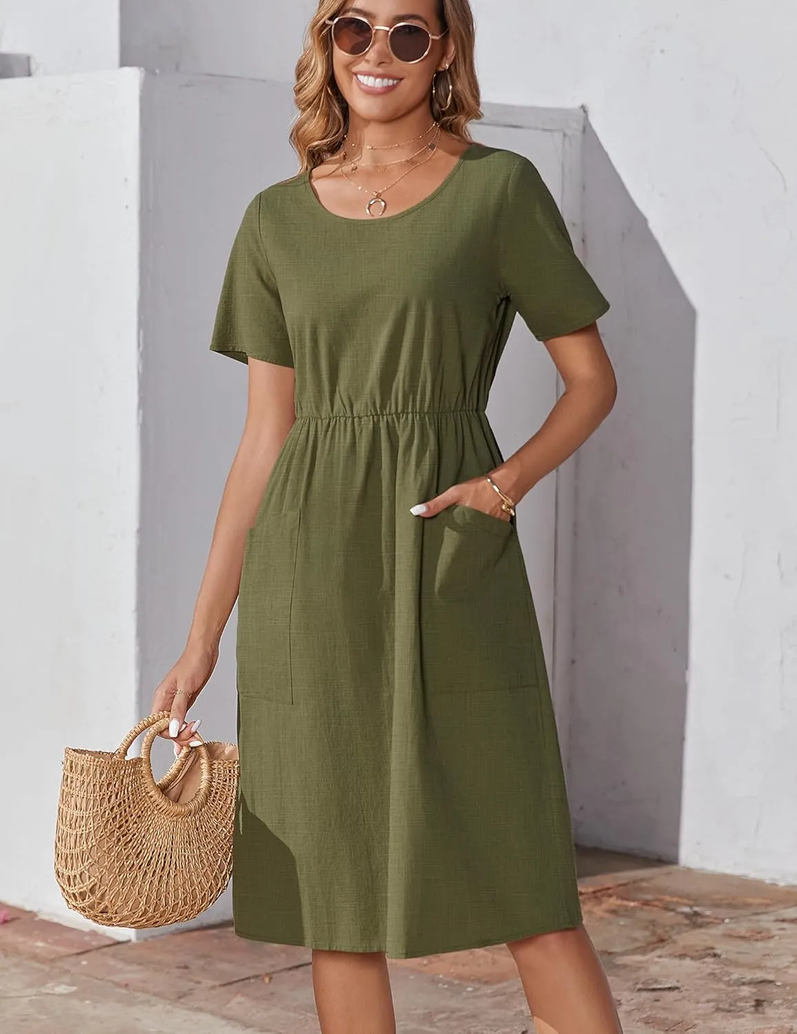 Zeagoo Womens Midi Dress Short Sleeve A-Line Cotton Linen Dress