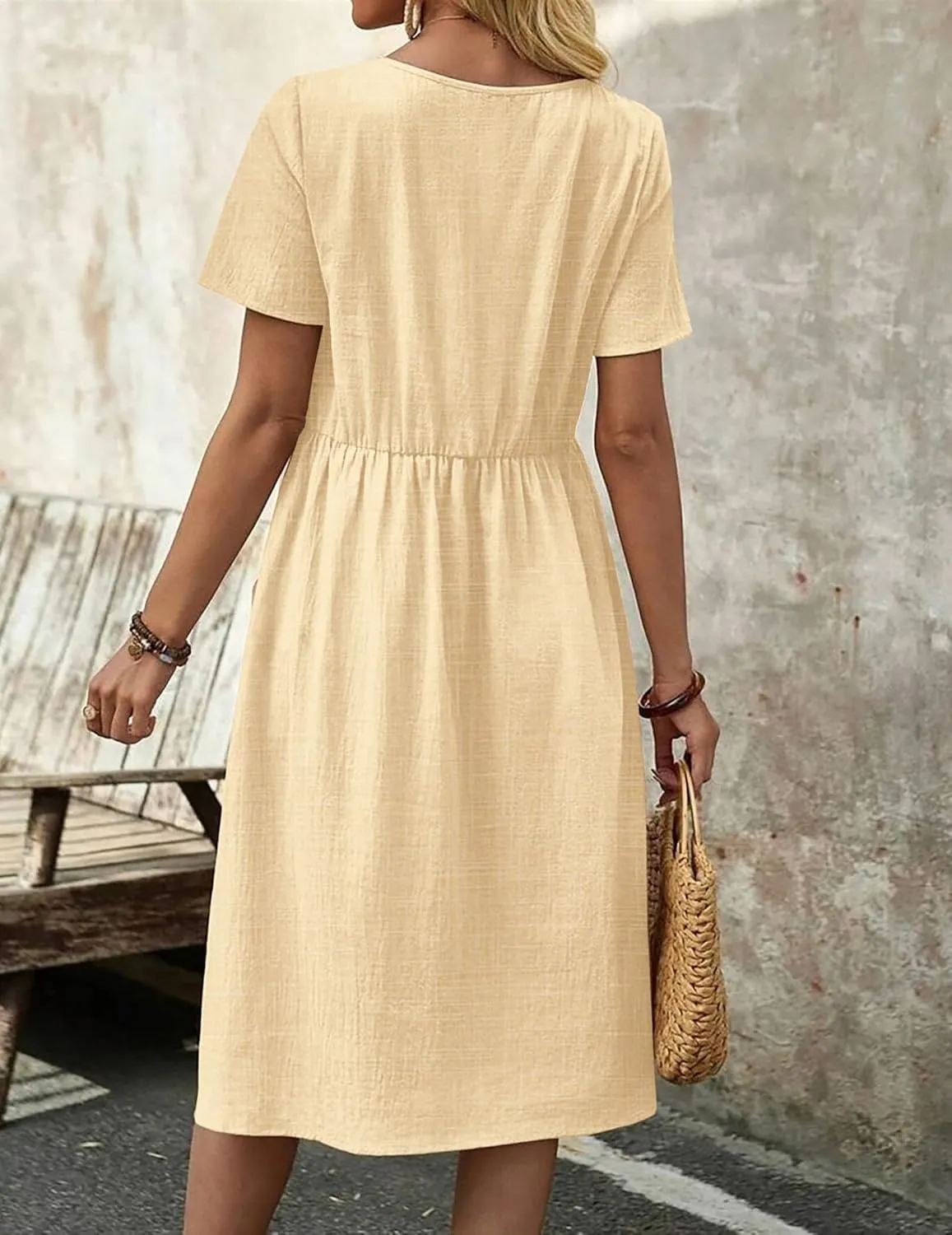 Zeagoo Womens Midi Dress Short Sleeve A-Line Cotton Linen Dress