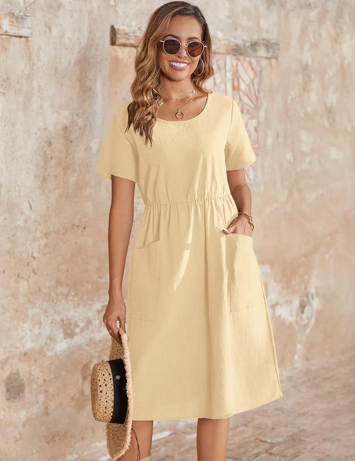 Zeagoo Womens Midi Dress Short Sleeve A-Line Cotton Linen Dress