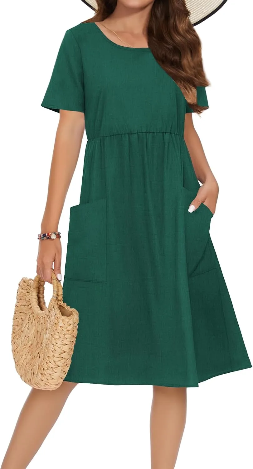 Zeagoo Womens Midi Dress Short Sleeve A-Line Cotton Linen Dress