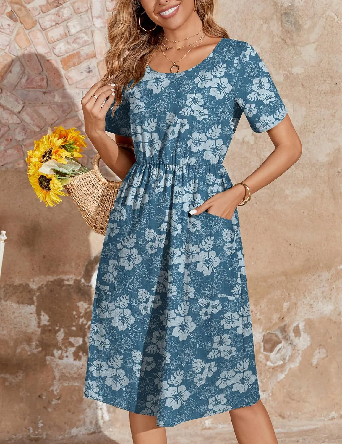 Zeagoo Womens Midi Dress Short Sleeve A-Line Cotton Linen Dress