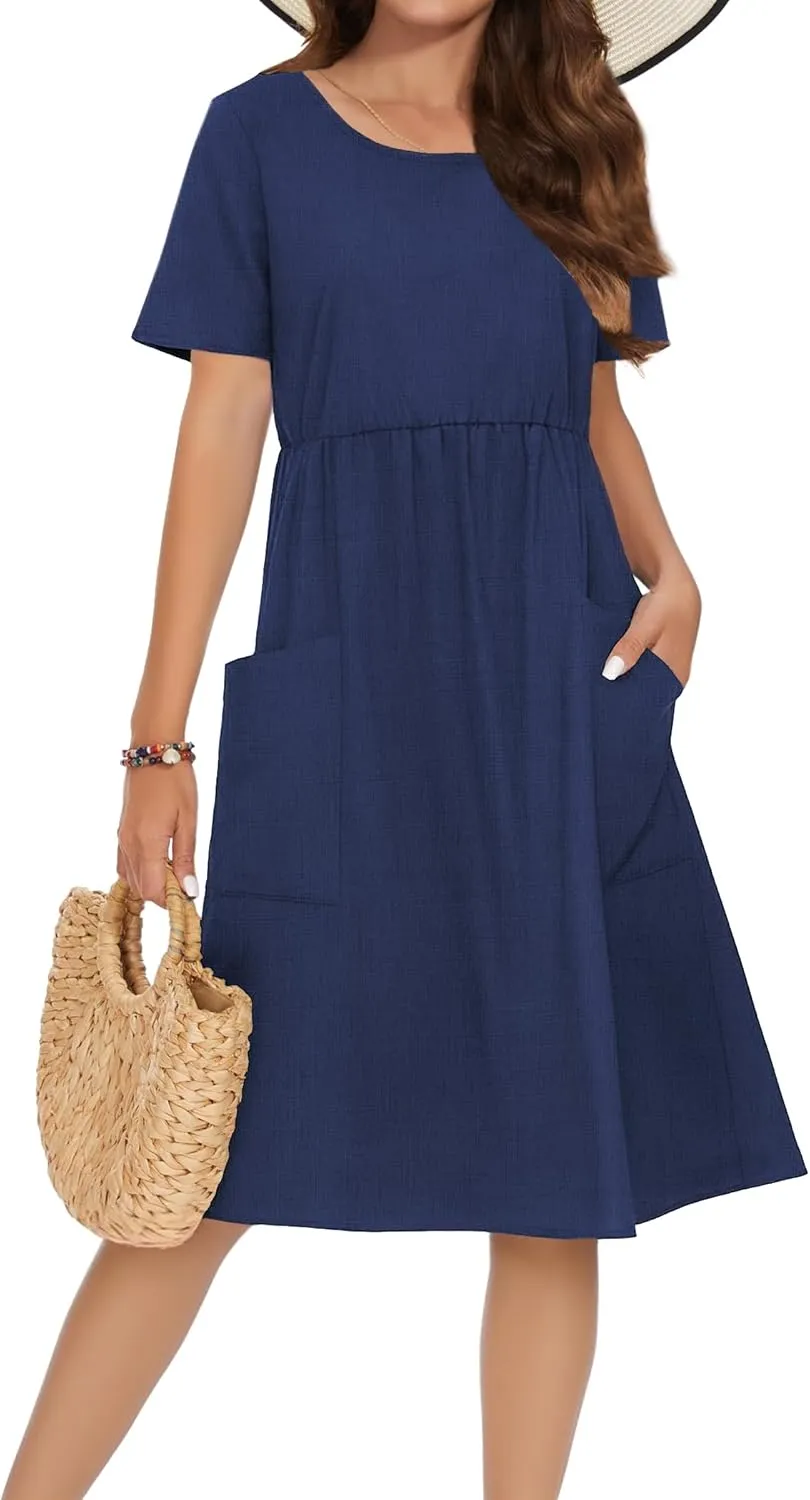 Zeagoo Womens Midi Dress Short Sleeve A-Line Cotton Linen Dress