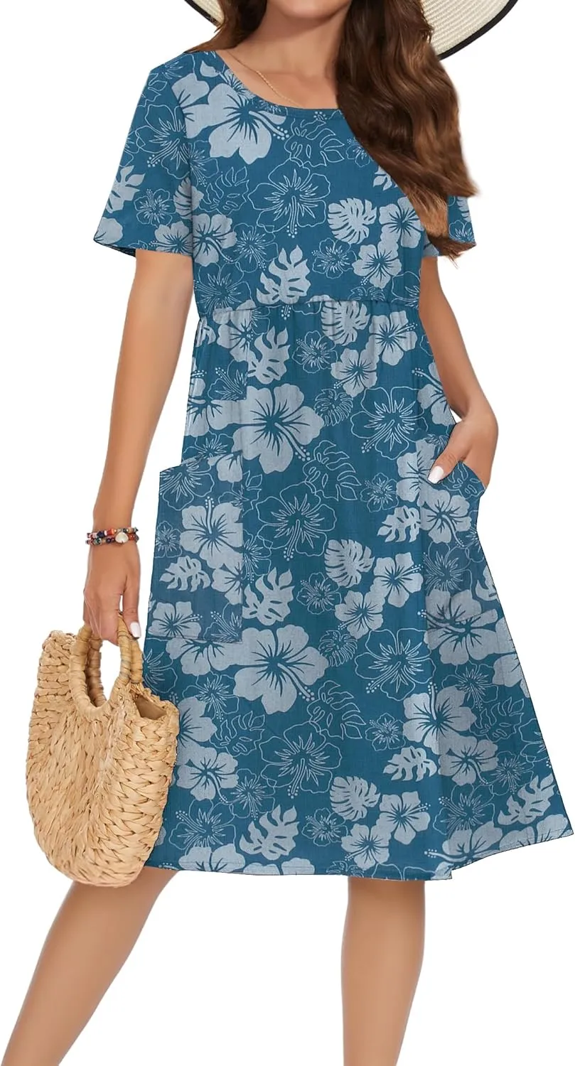 Zeagoo Womens Midi Dress Short Sleeve A-Line Cotton Linen Dress