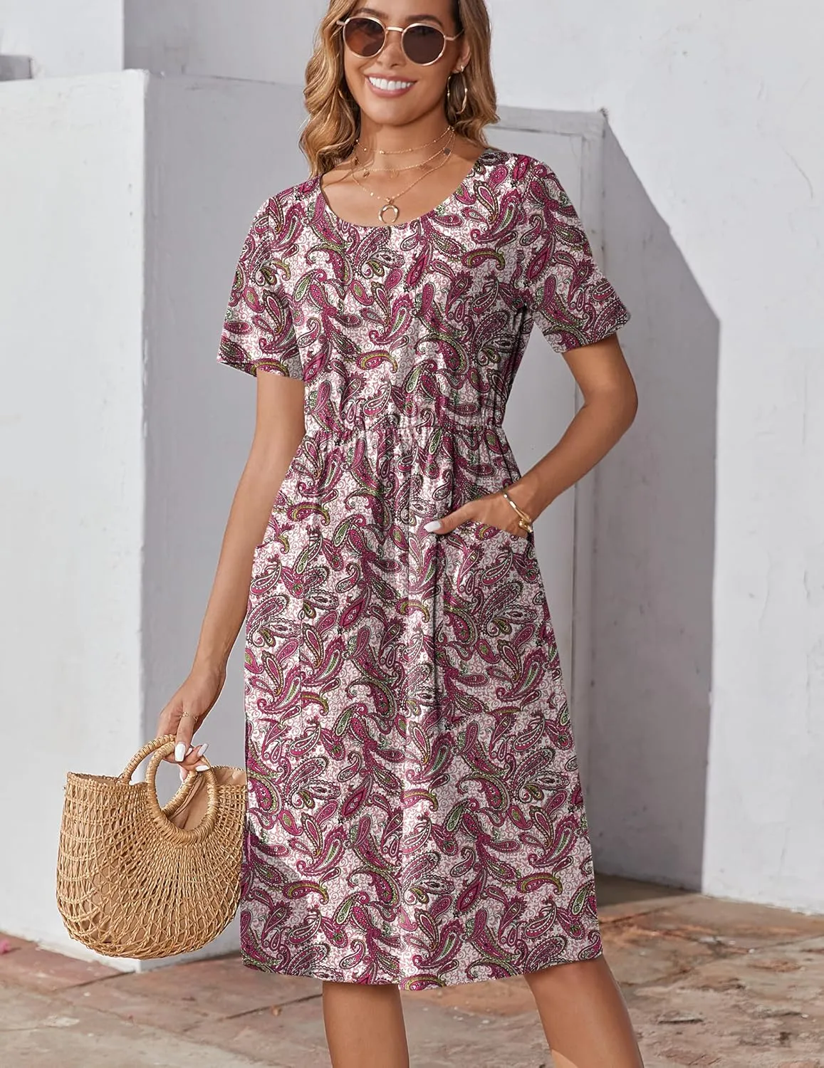 Zeagoo Womens Midi Dress Short Sleeve A-Line Cotton Linen Dress